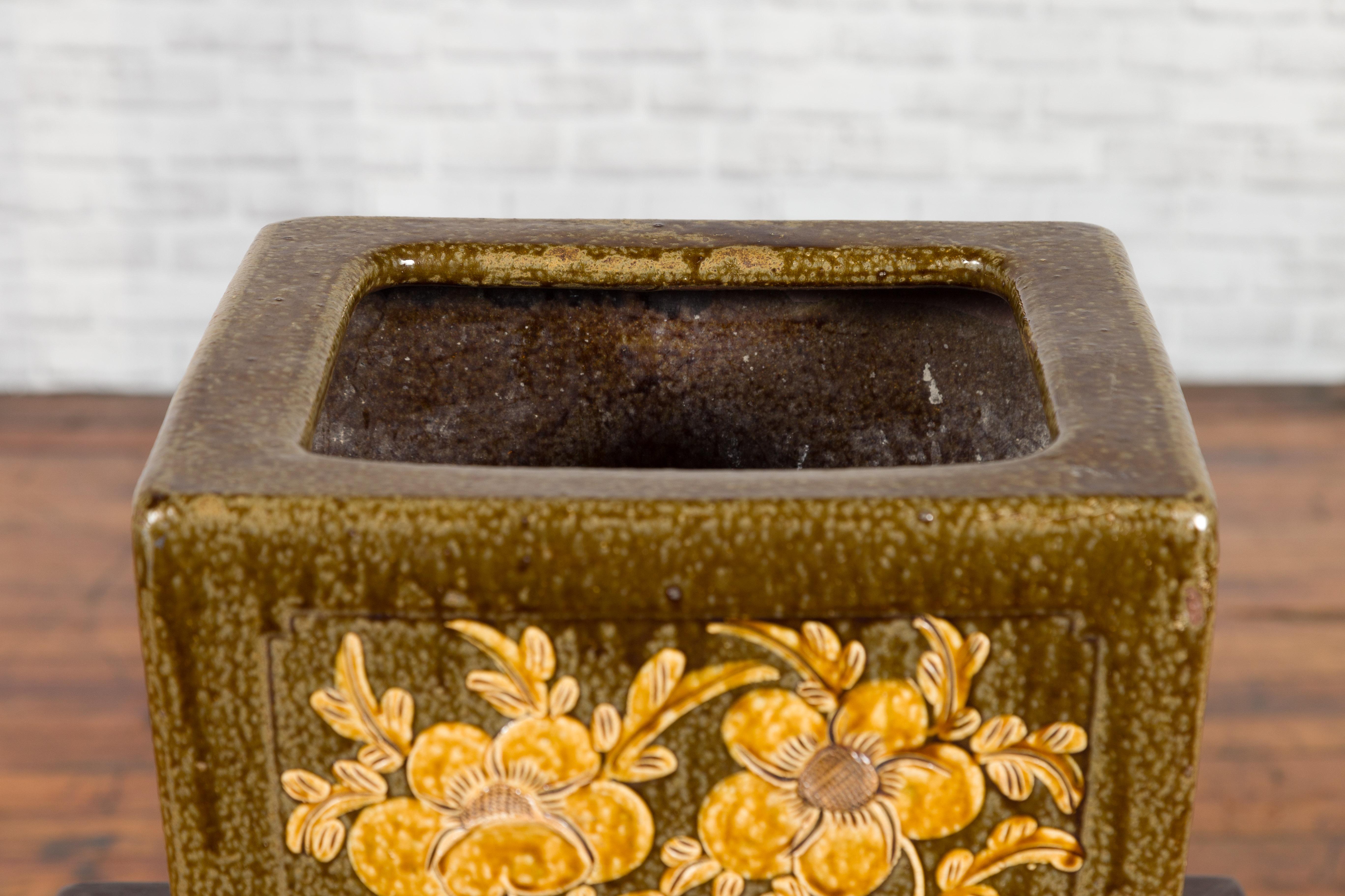 Chinese Qing Dynasty Period Brown Square Planter with Rabbits, Flowers and Birds 1