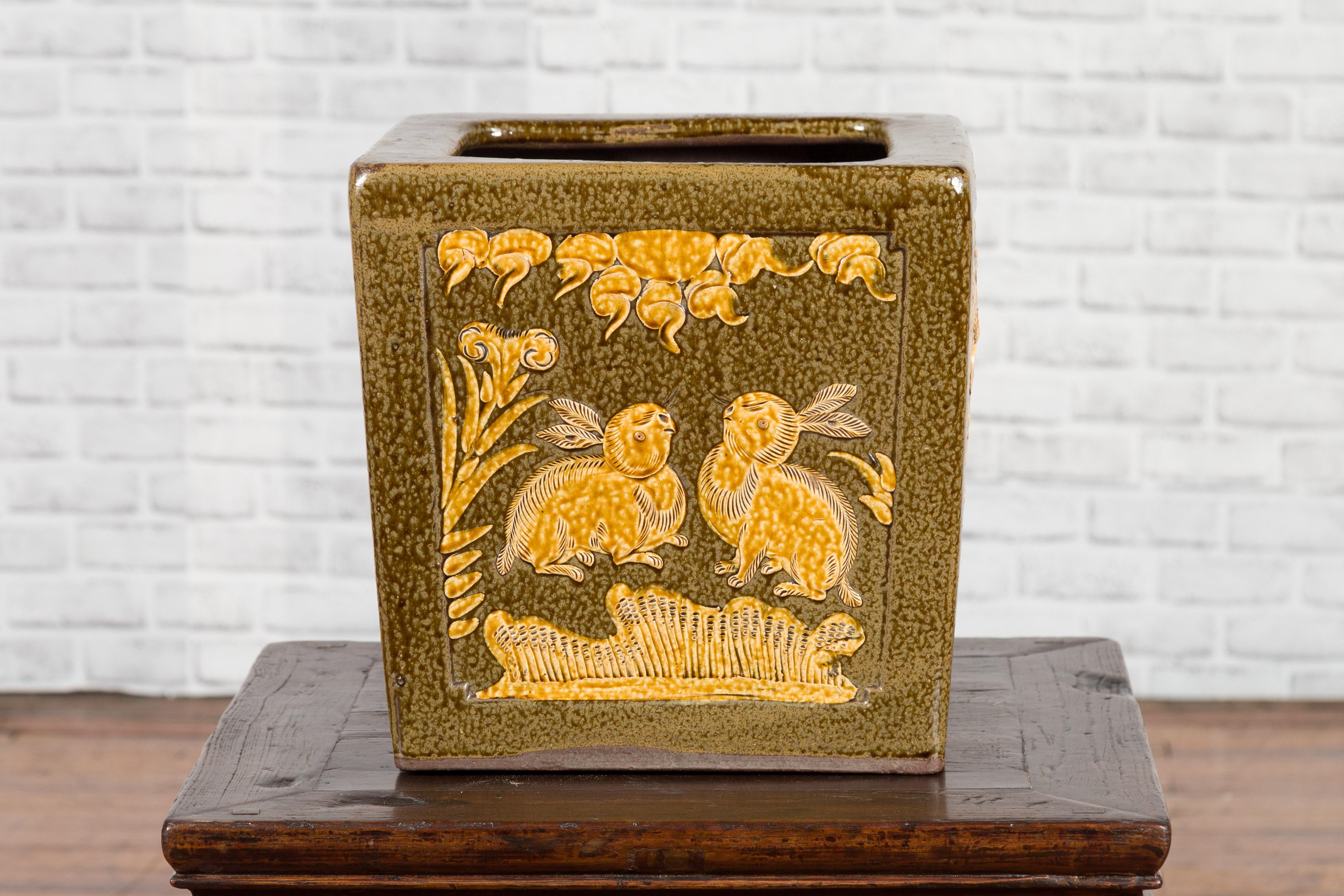 Chinese Qing Dynasty Period Brown Square Planter with Rabbits, Flowers and Birds For Sale 3