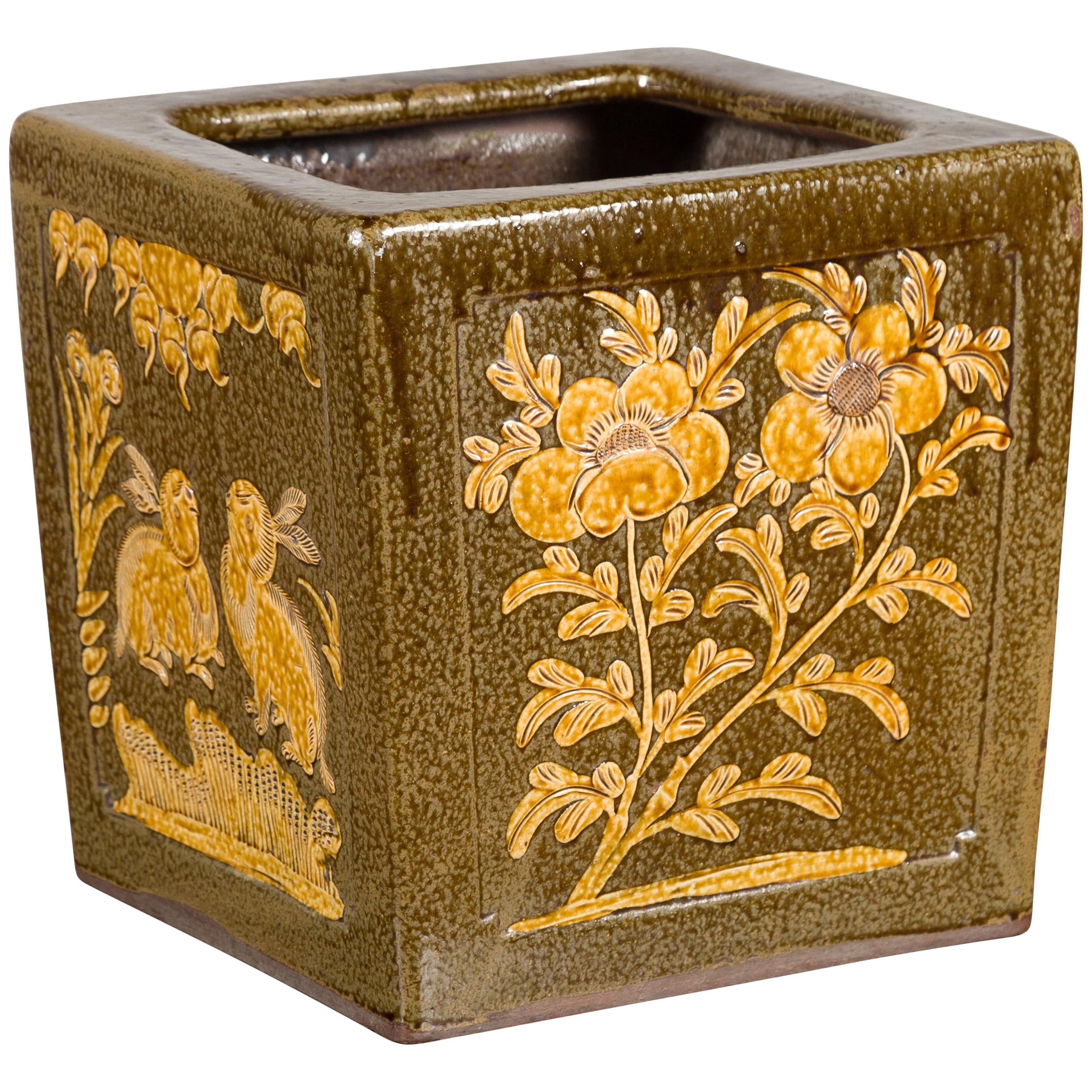 Chinese Qing Dynasty Period Brown Square Planter with Rabbits, Flowers and Birds For Sale
