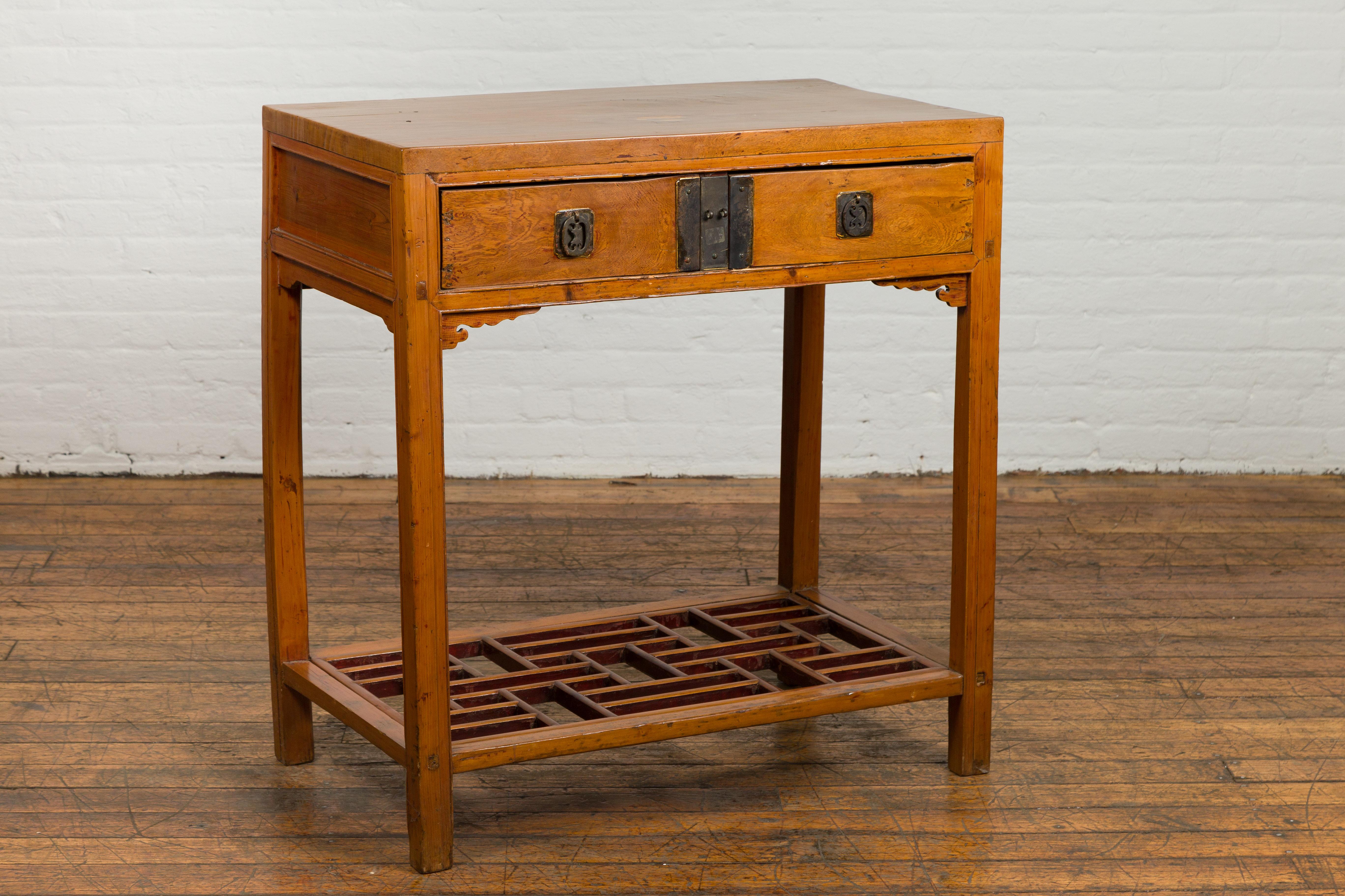 Qing Antique Console Table with Two Drawers and Lower Shelf For Sale