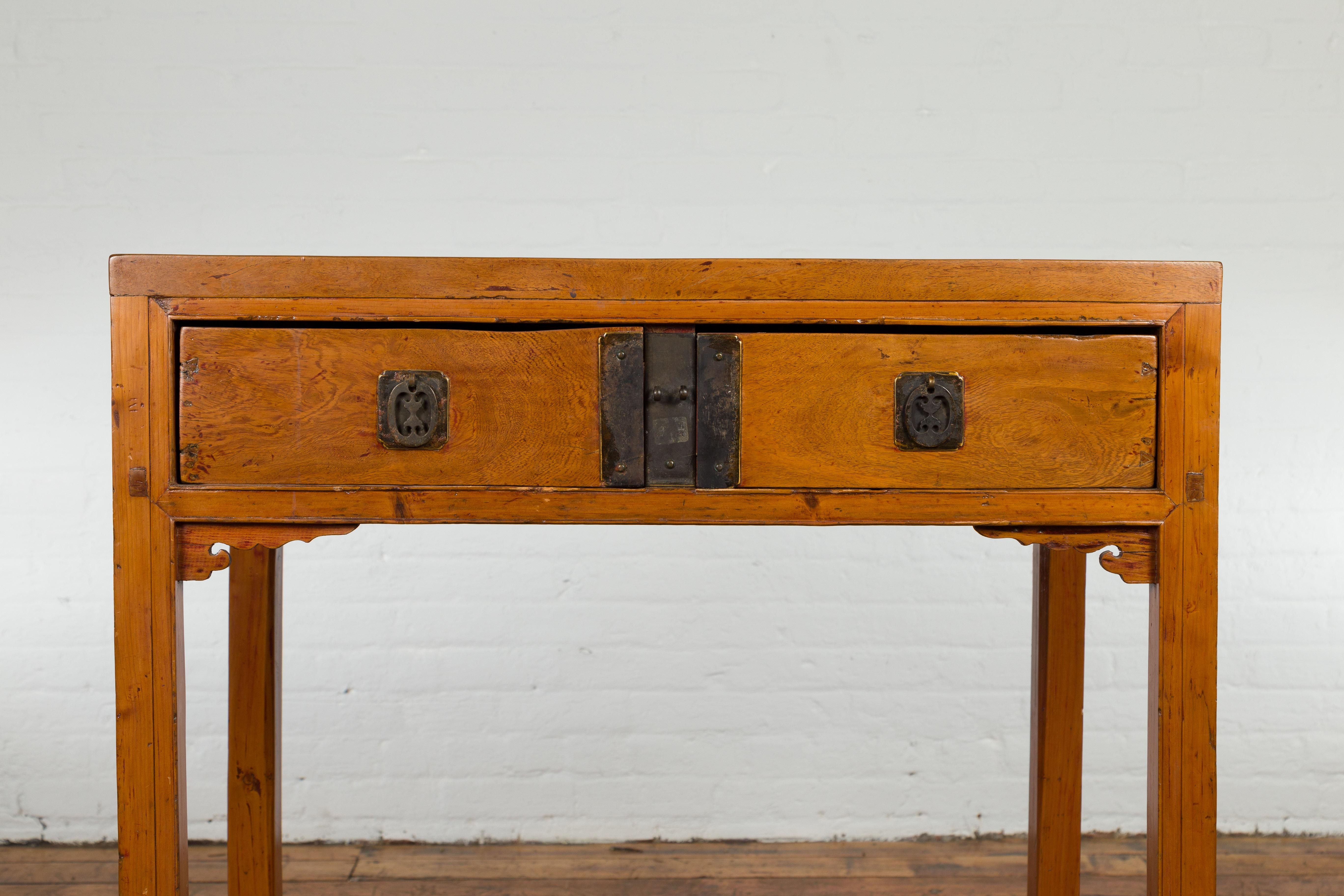 Patinated Antique Console Table with Two Drawers and Lower Shelf For Sale