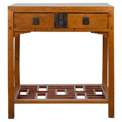 Chinese Qing Dynasty Period Console Table with Two Drawers and Fretwork Shelf