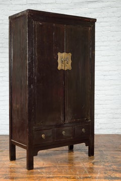 Chinese Qing Dynasty Period Early 19th Century Dark Brown Lacquer Wardrobe