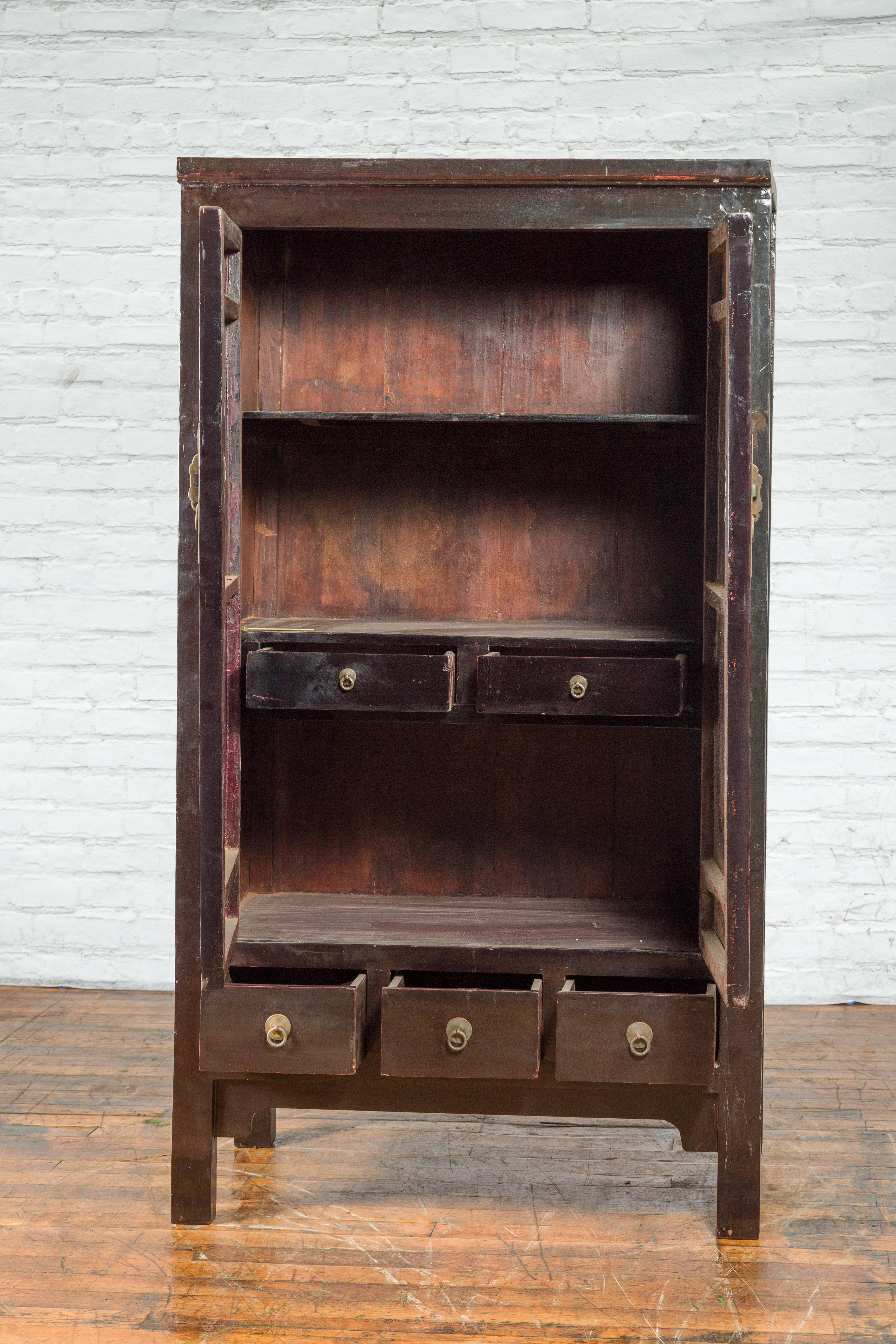 Brass Chinese Qing Dynasty Period Early 19th Century Dark Brown Lacquer Wardrobe For Sale