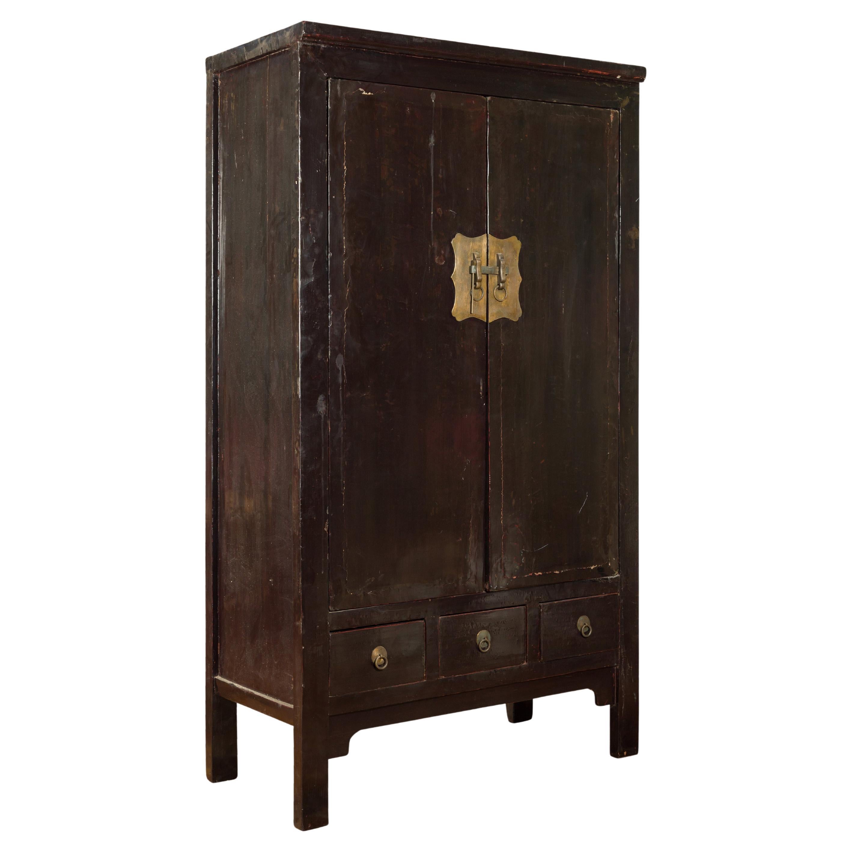 Chinese Qing Dynasty Period Early 19th Century Dark Brown Lacquer Wardrobe For Sale