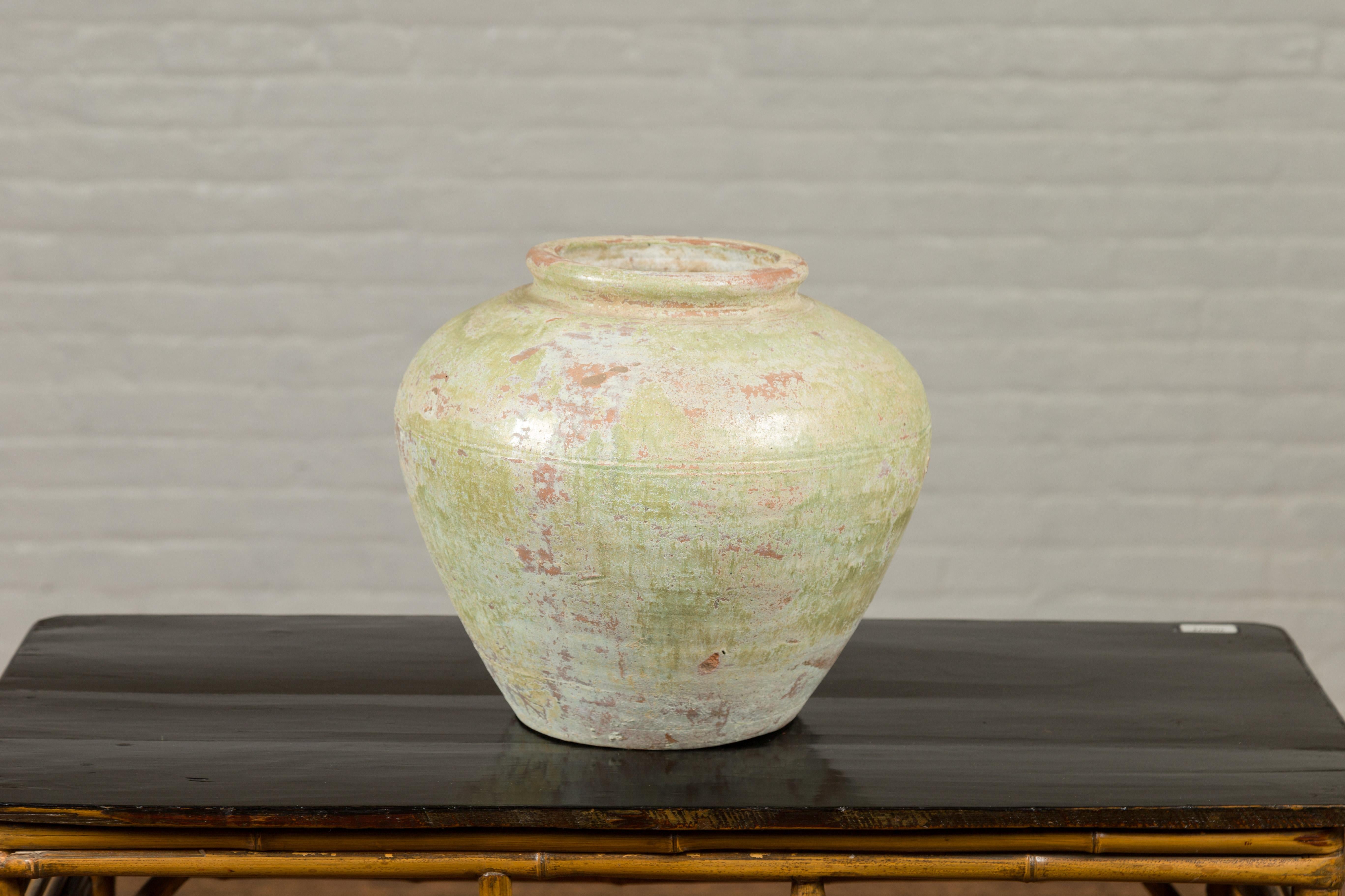 Ceramic Chinese Qing Dynasty Period Exterior Vase with Distressed Yellow Green Glaze
