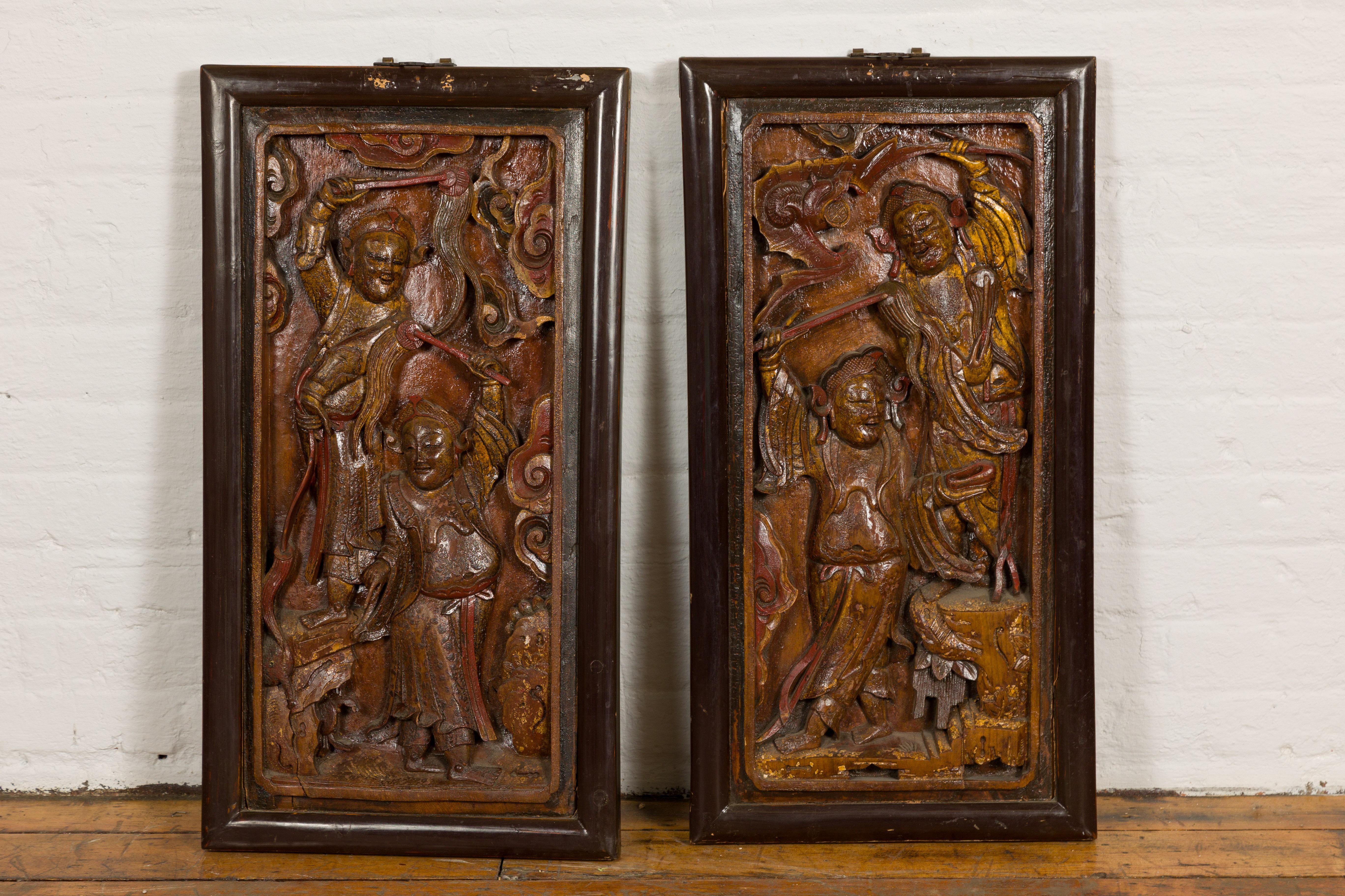 Qing Hand-Carved Antique Wall Panels with Puppet Design For Sale