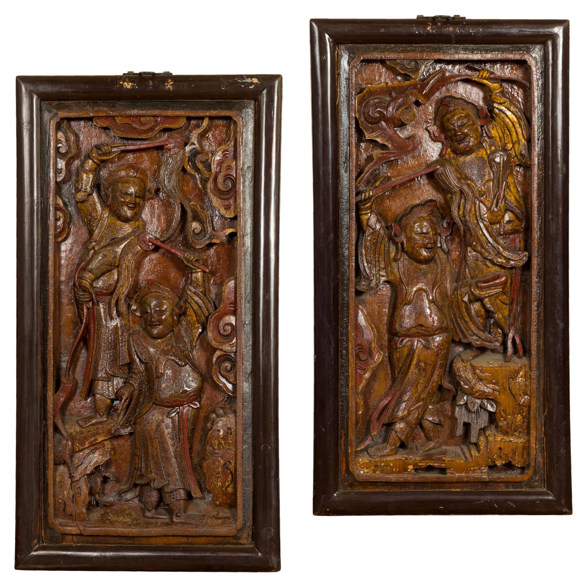 Hand-Carved Antique Wall Panels with Puppet Design For Sale