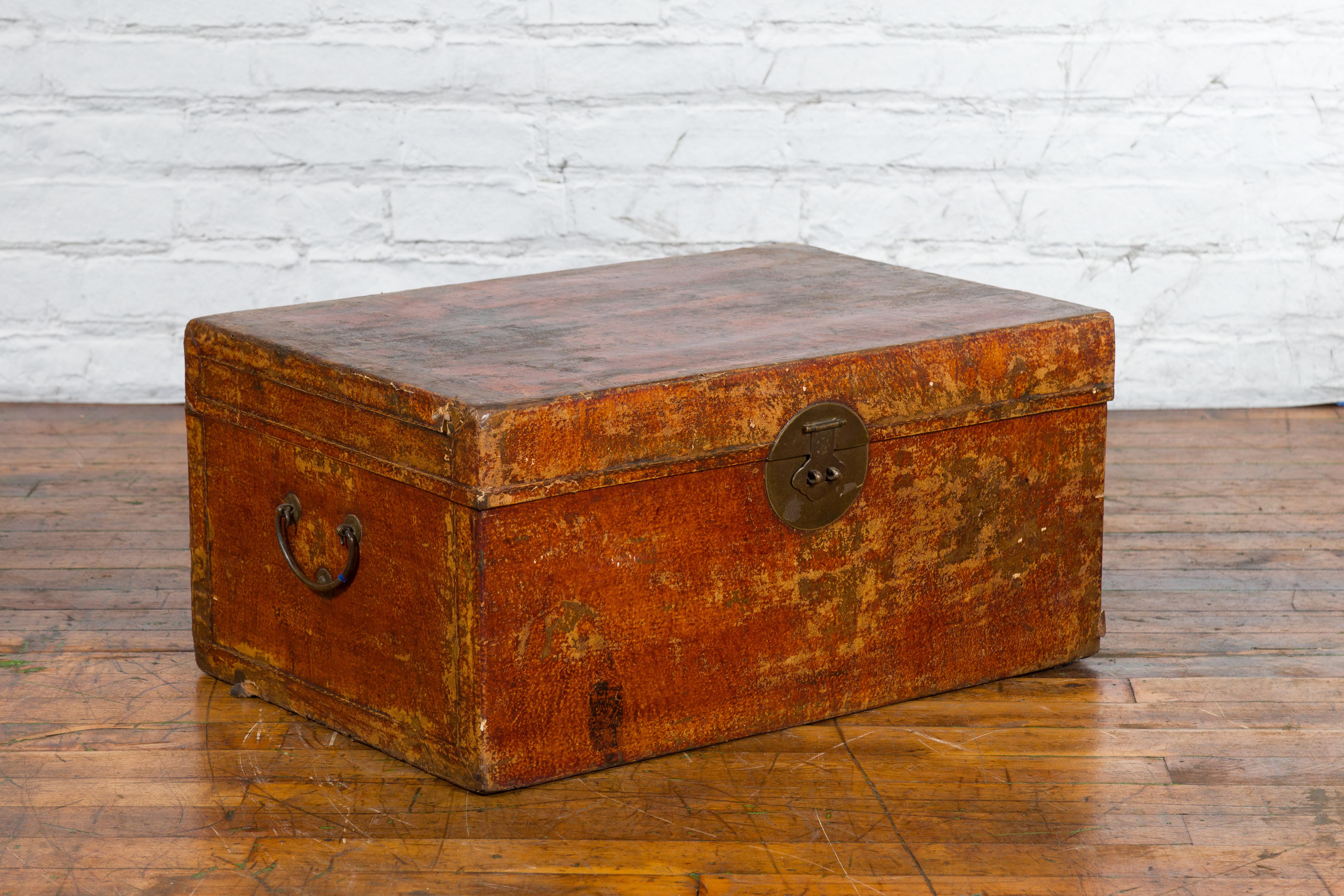 Chinese Qing Dynasty Period Lacquered Leather Trunk with Distressed Patina For Sale 9
