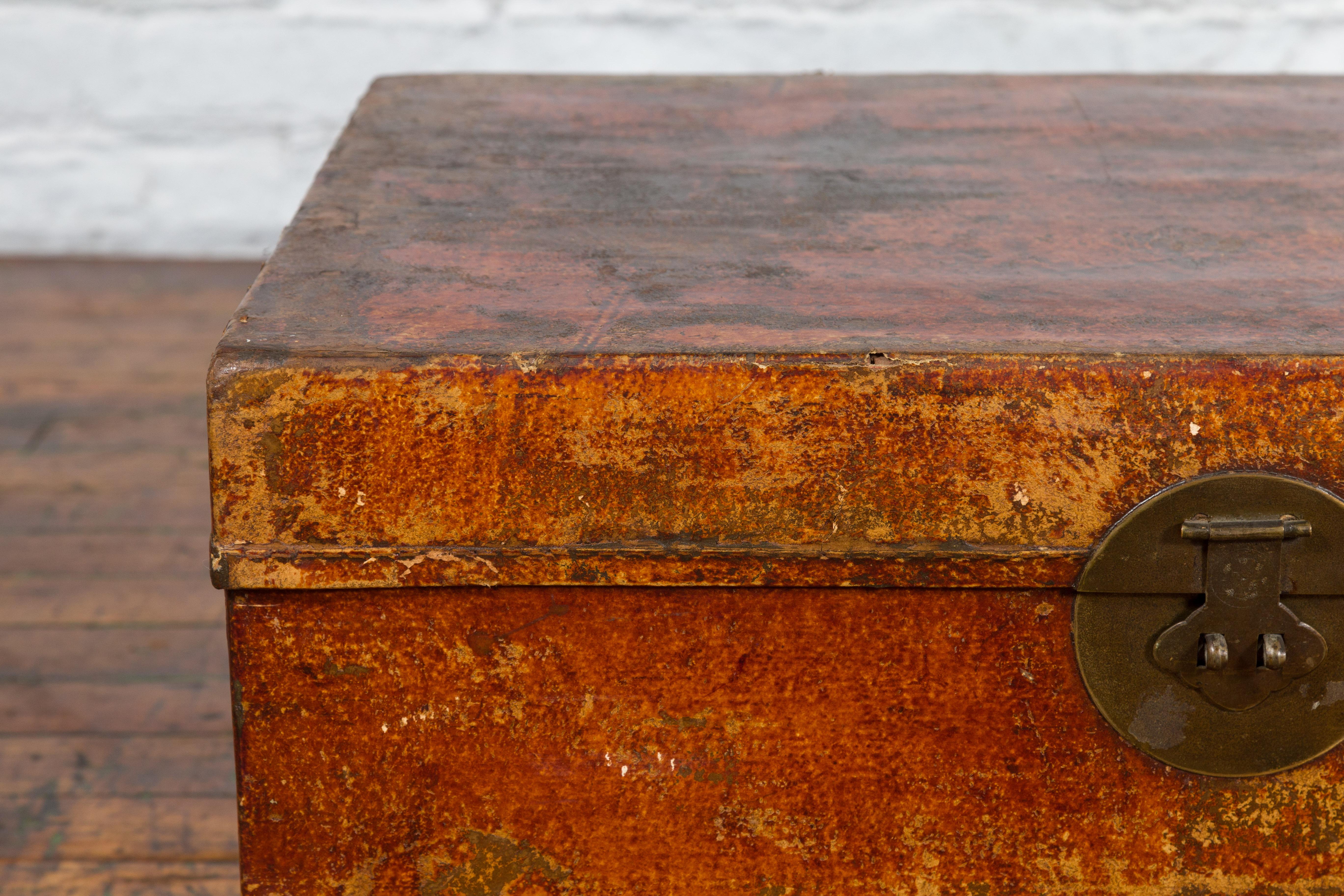 Chinese Qing Dynasty Period Lacquered Leather Trunk with Distressed Patina For Sale 15