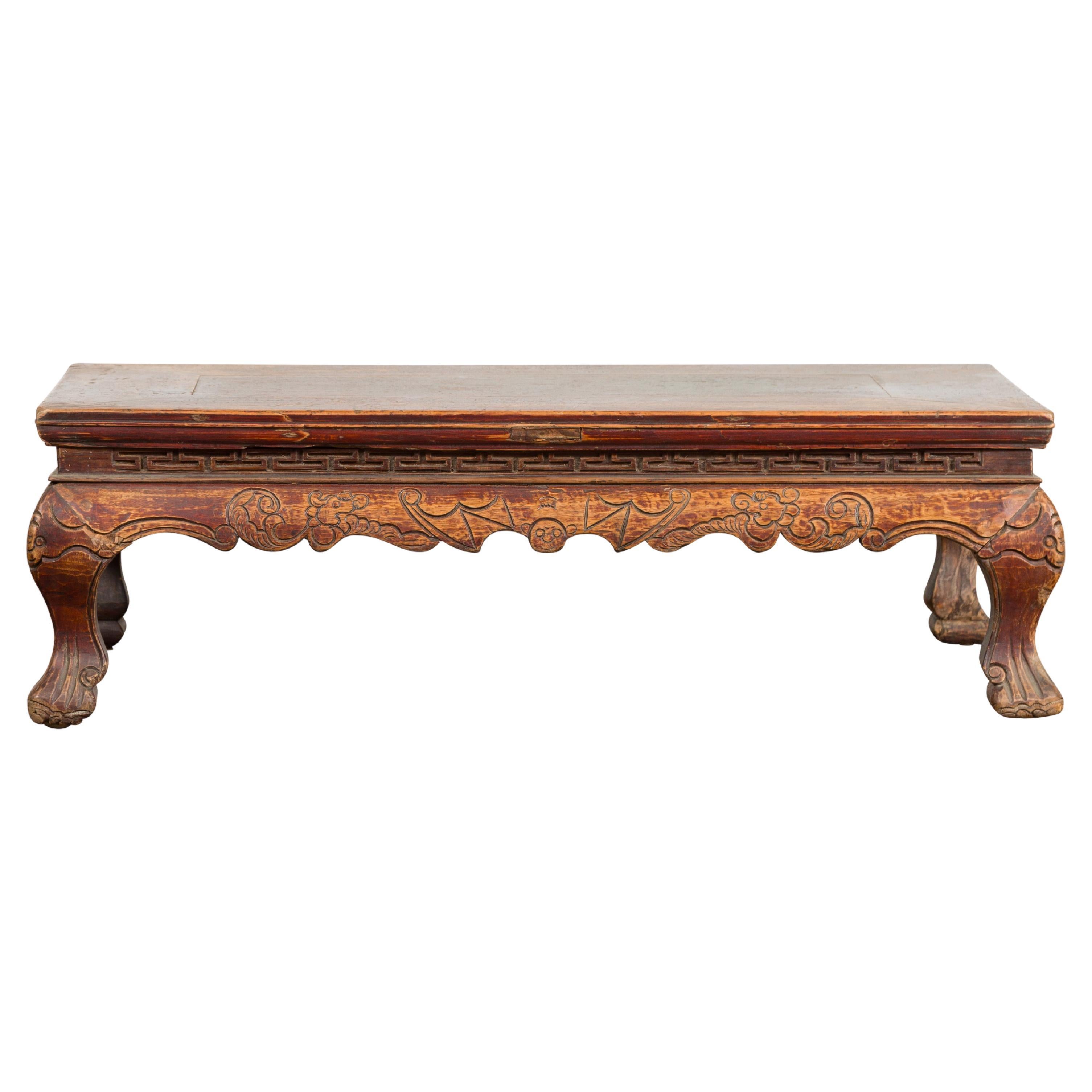Chinese Qing Dynasty Period Low Kang Table with Carved Bats and Cabriole Legs For Sale