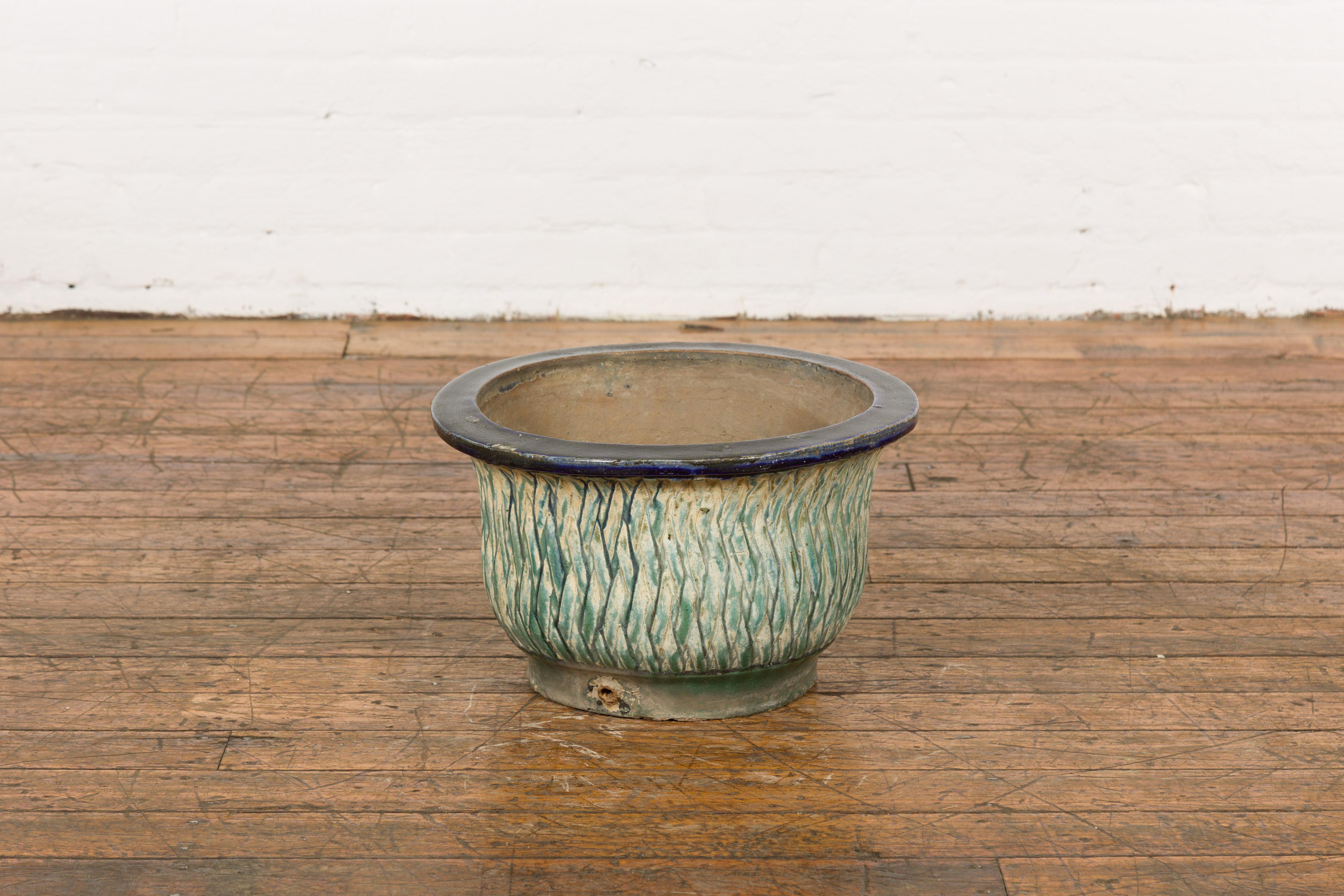 19th Century Qing Dynasty Period Multi-Glaze Planter with Green and Blue Accents