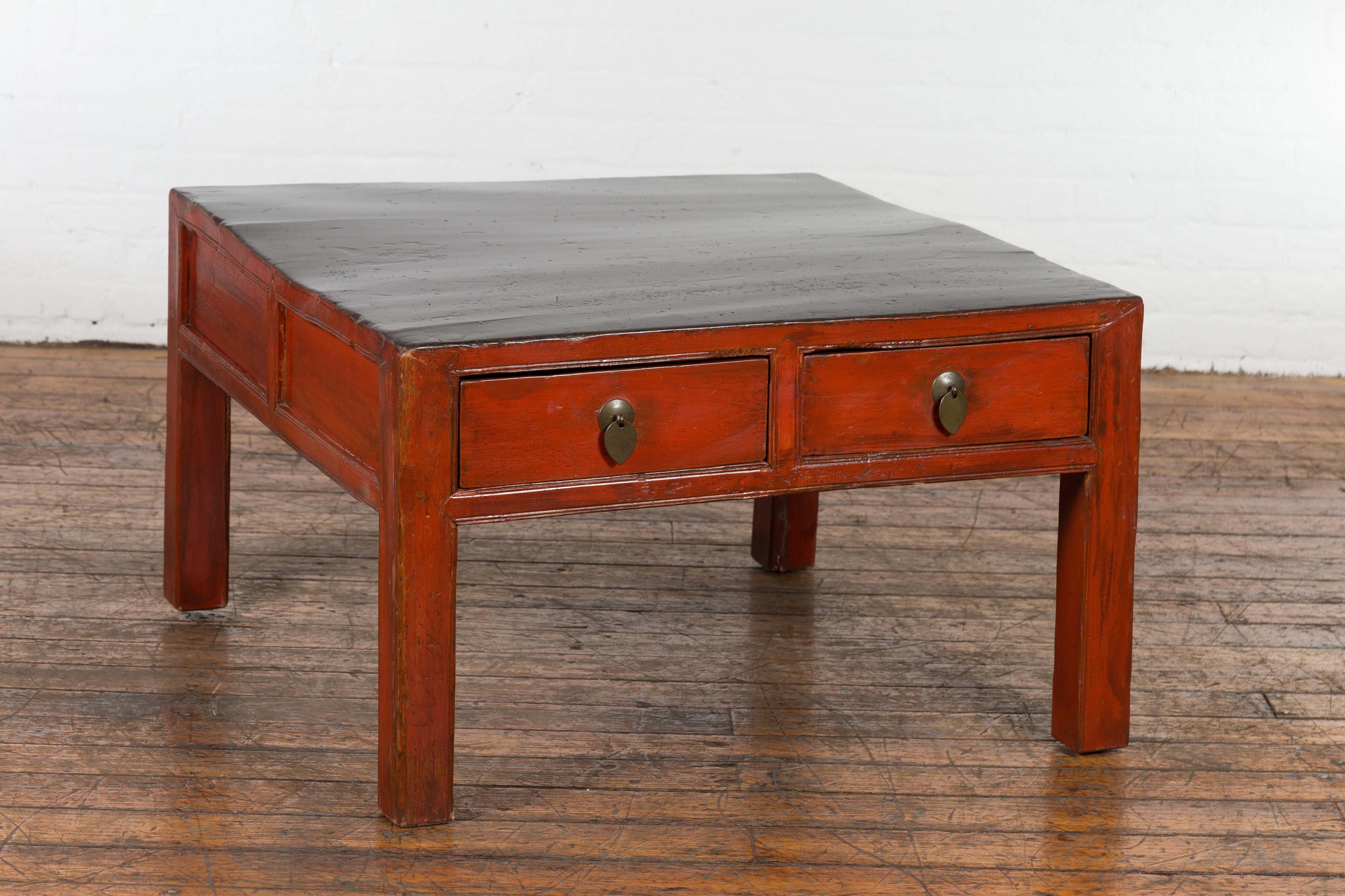 Red and Black Antique Coffee Table with Two Drawers For Sale 5