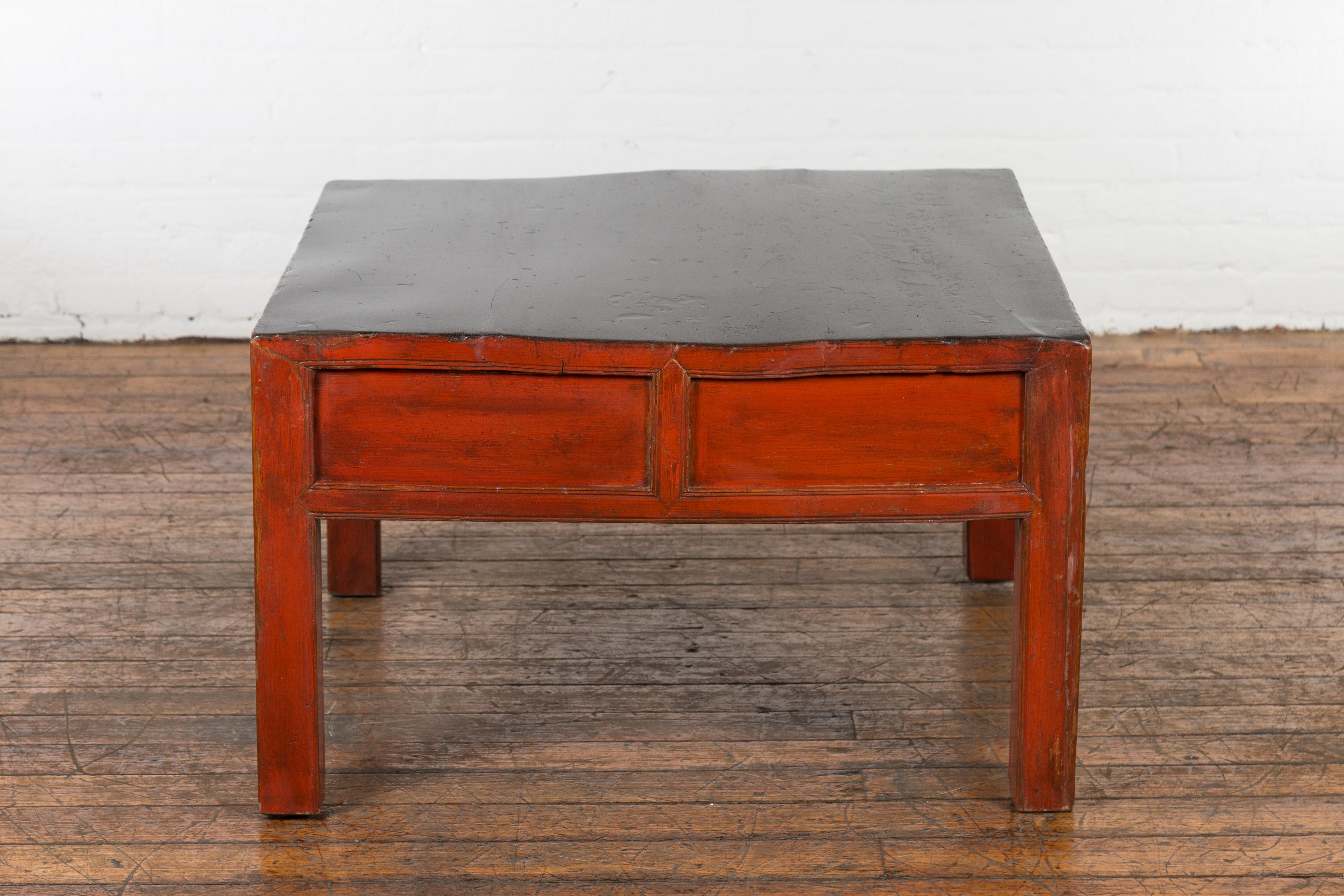 Red and Black Antique Coffee Table with Two Drawers For Sale 7