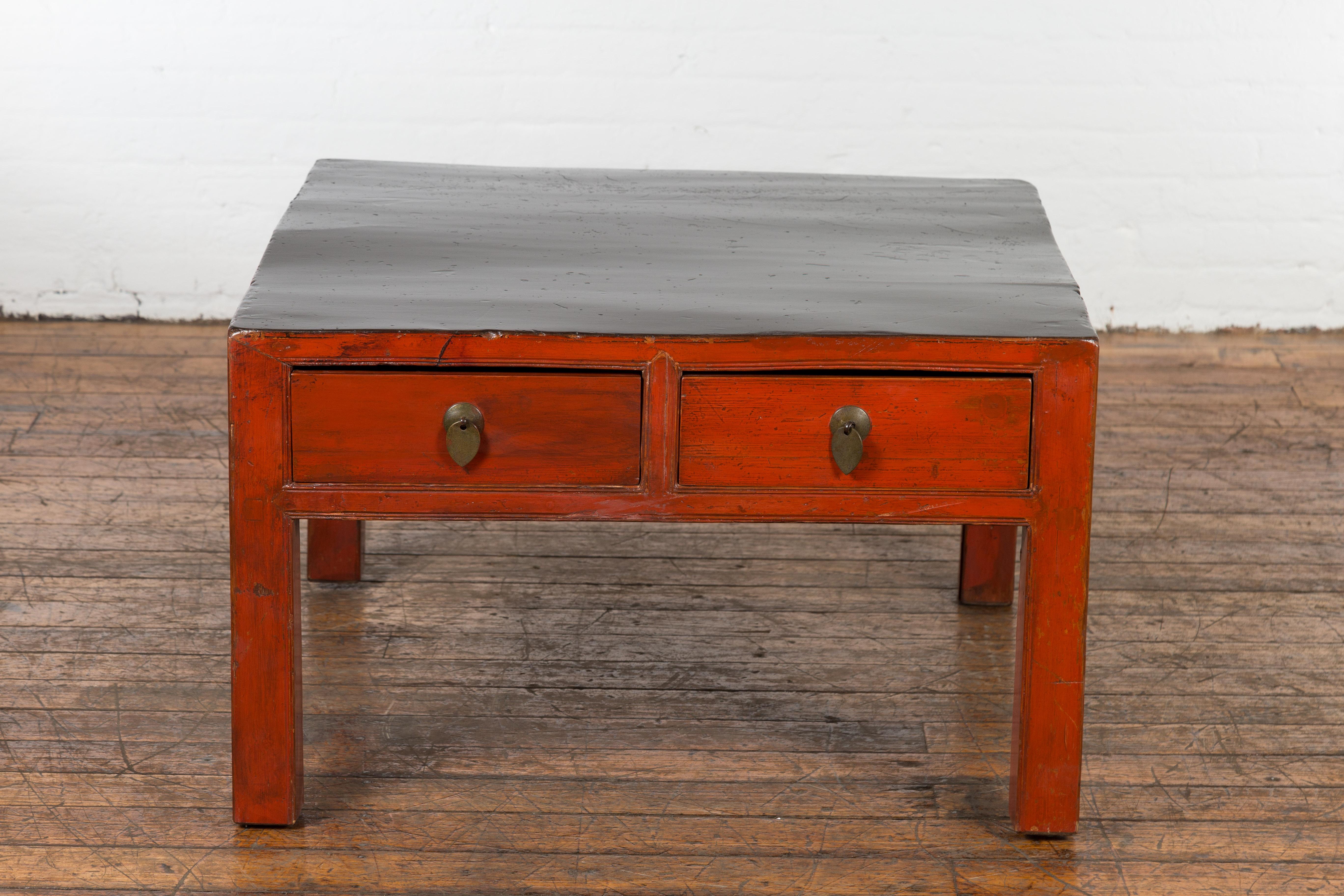 Red and Black Antique Coffee Table with Two Drawers For Sale 8