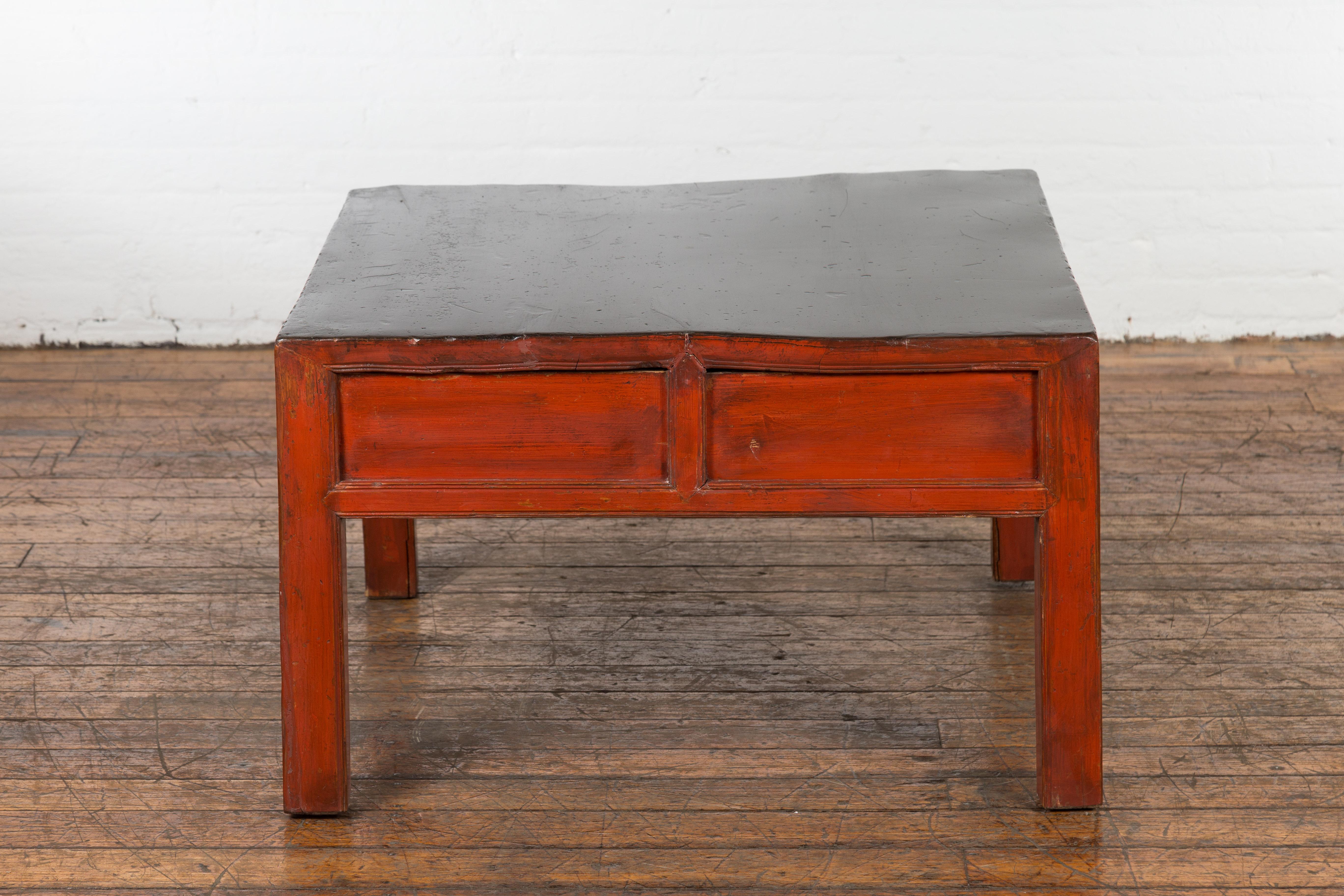 Red and Black Antique Coffee Table with Two Drawers For Sale 9