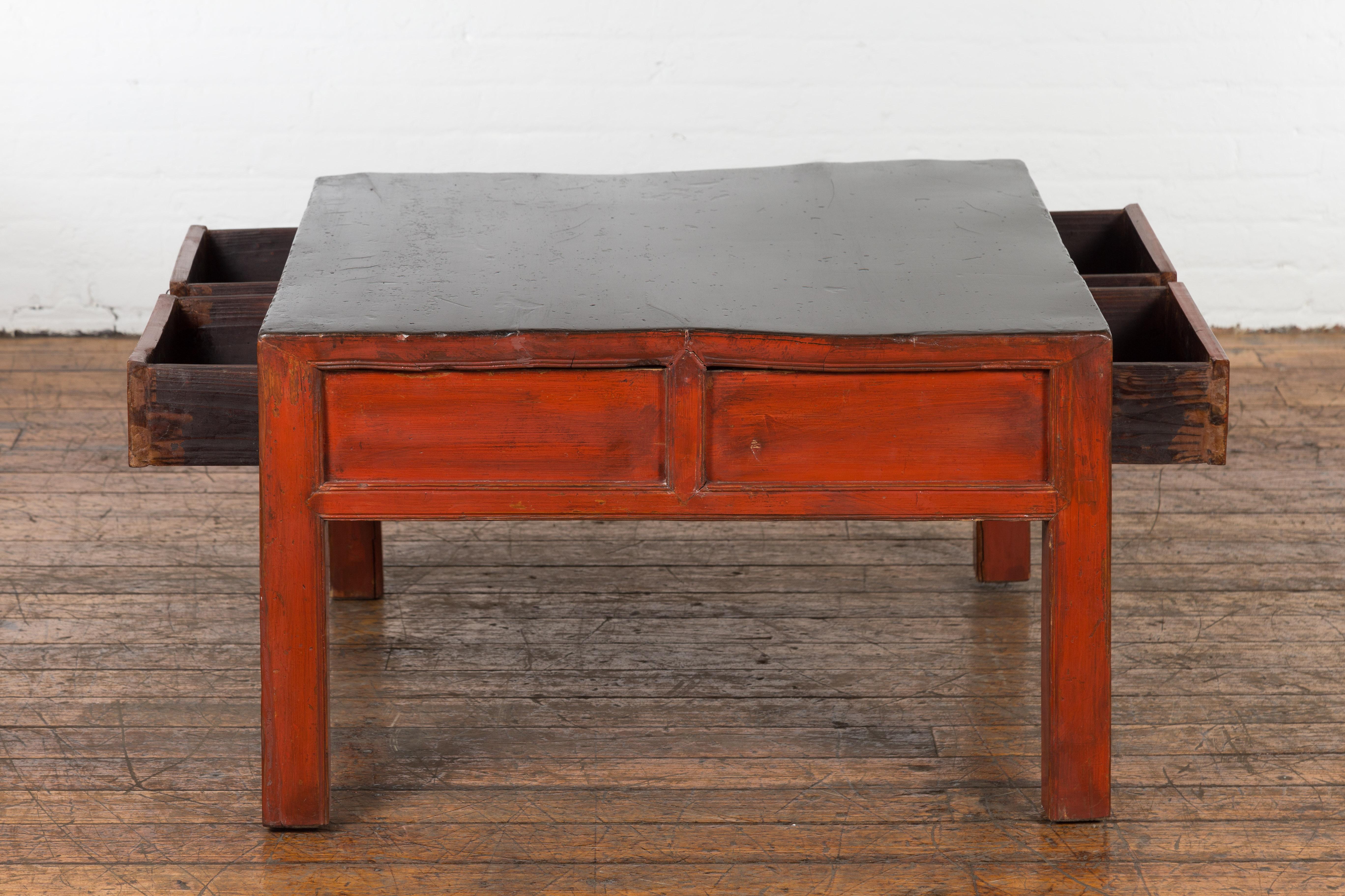 Red and Black Antique Coffee Table with Two Drawers For Sale 10