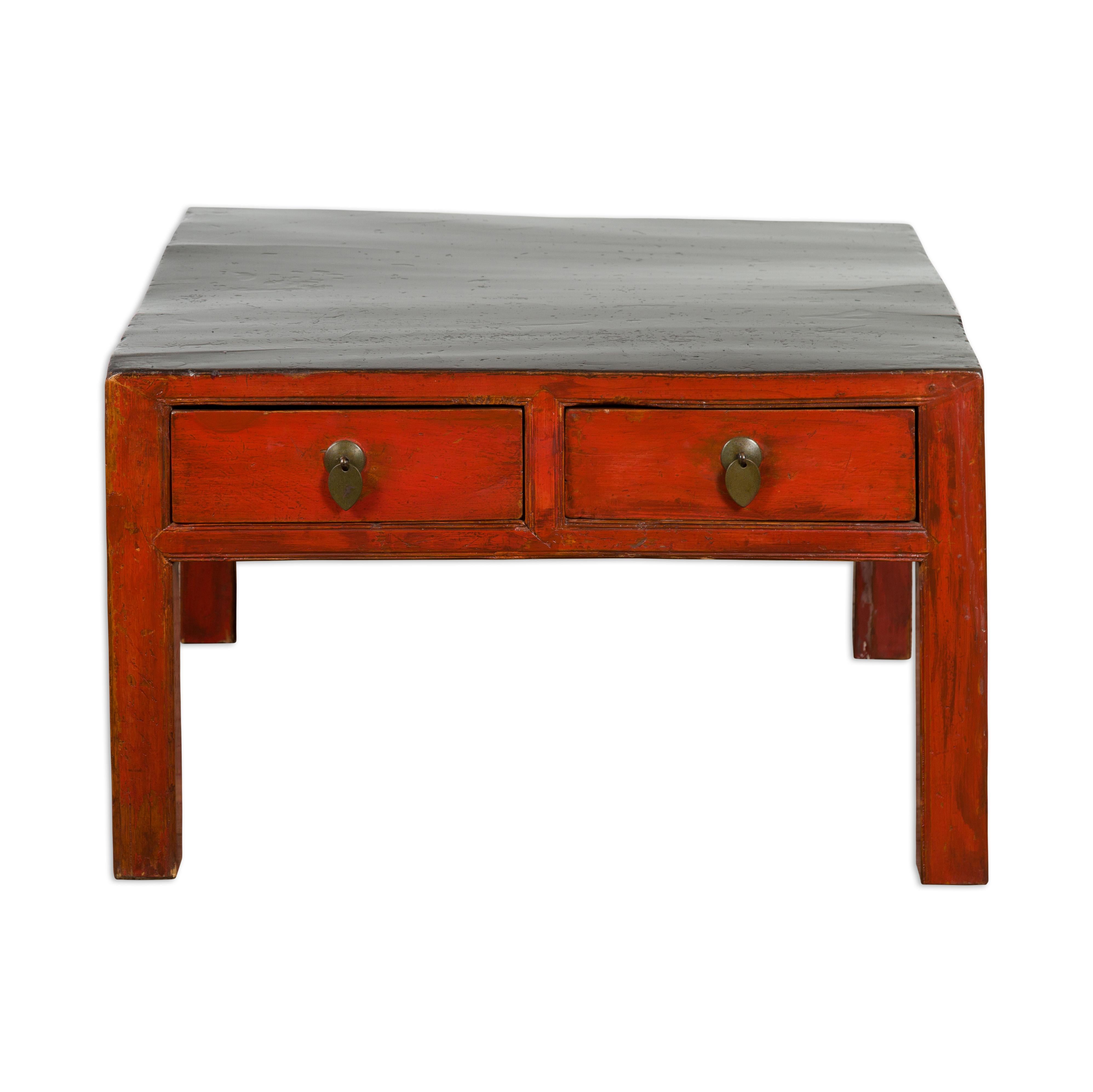 Red and Black Antique Coffee Table with Two Drawers For Sale 11