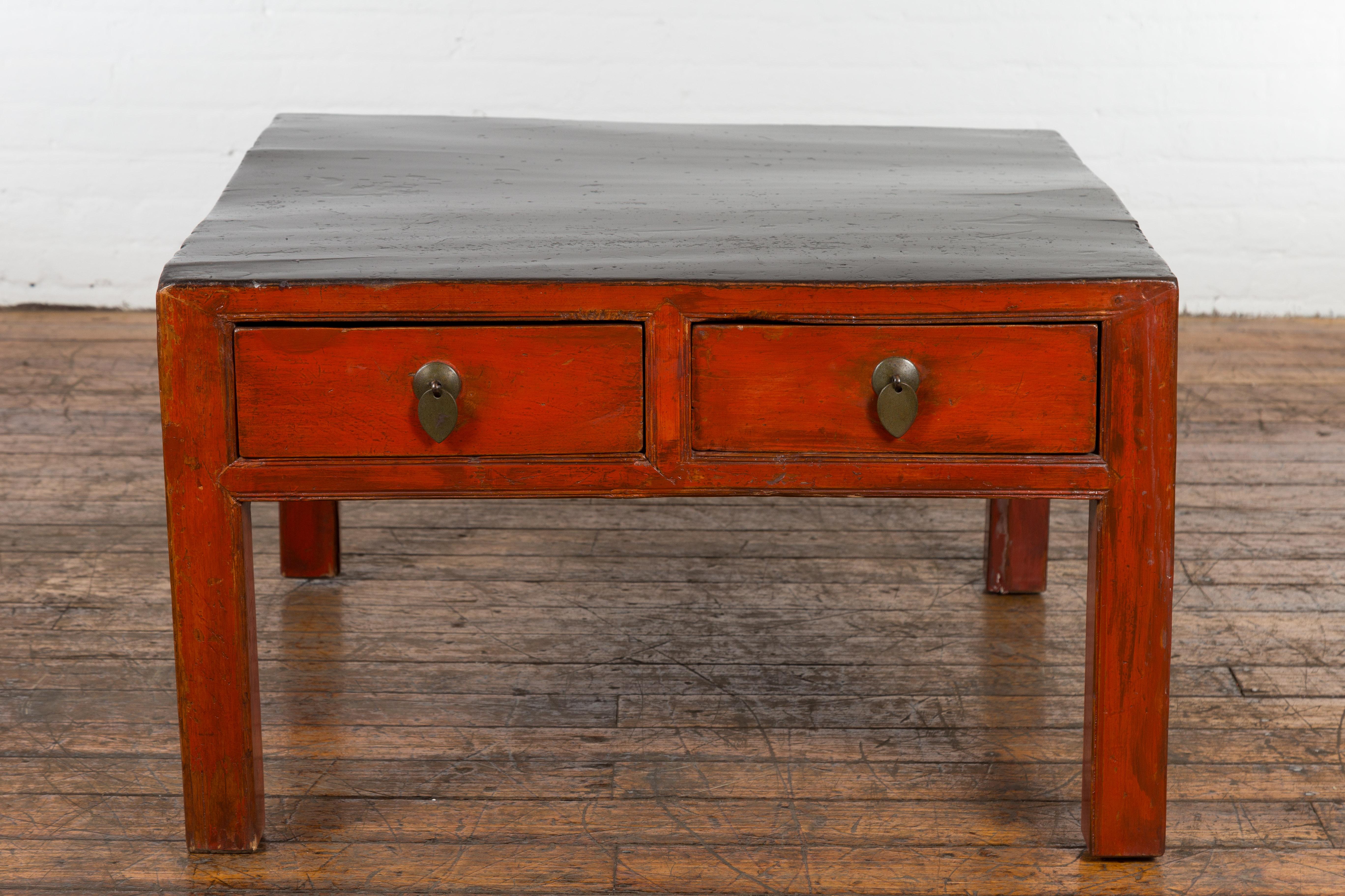 Qing Red and Black Antique Coffee Table with Two Drawers For Sale