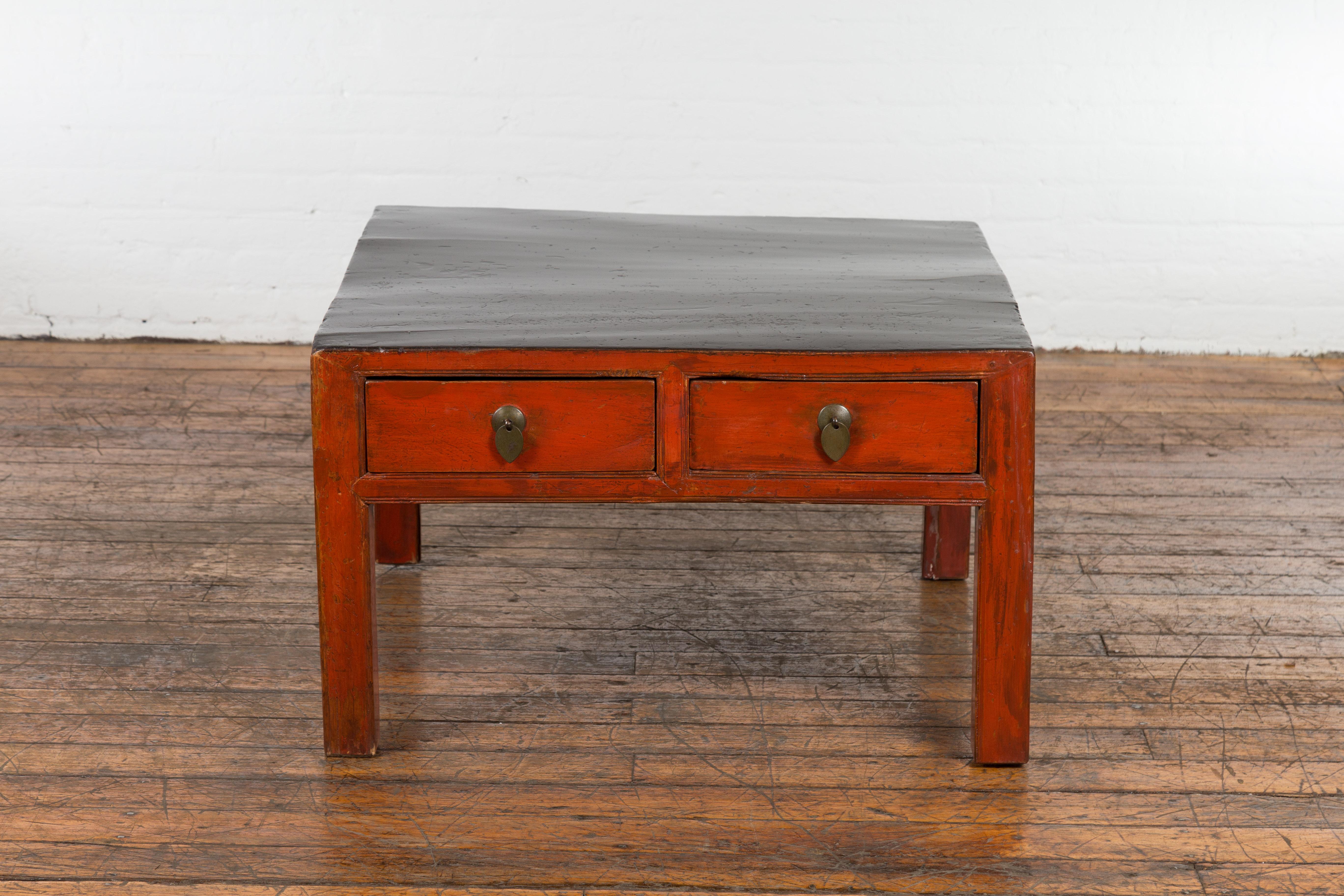 Chinese Red and Black Antique Coffee Table with Two Drawers For Sale
