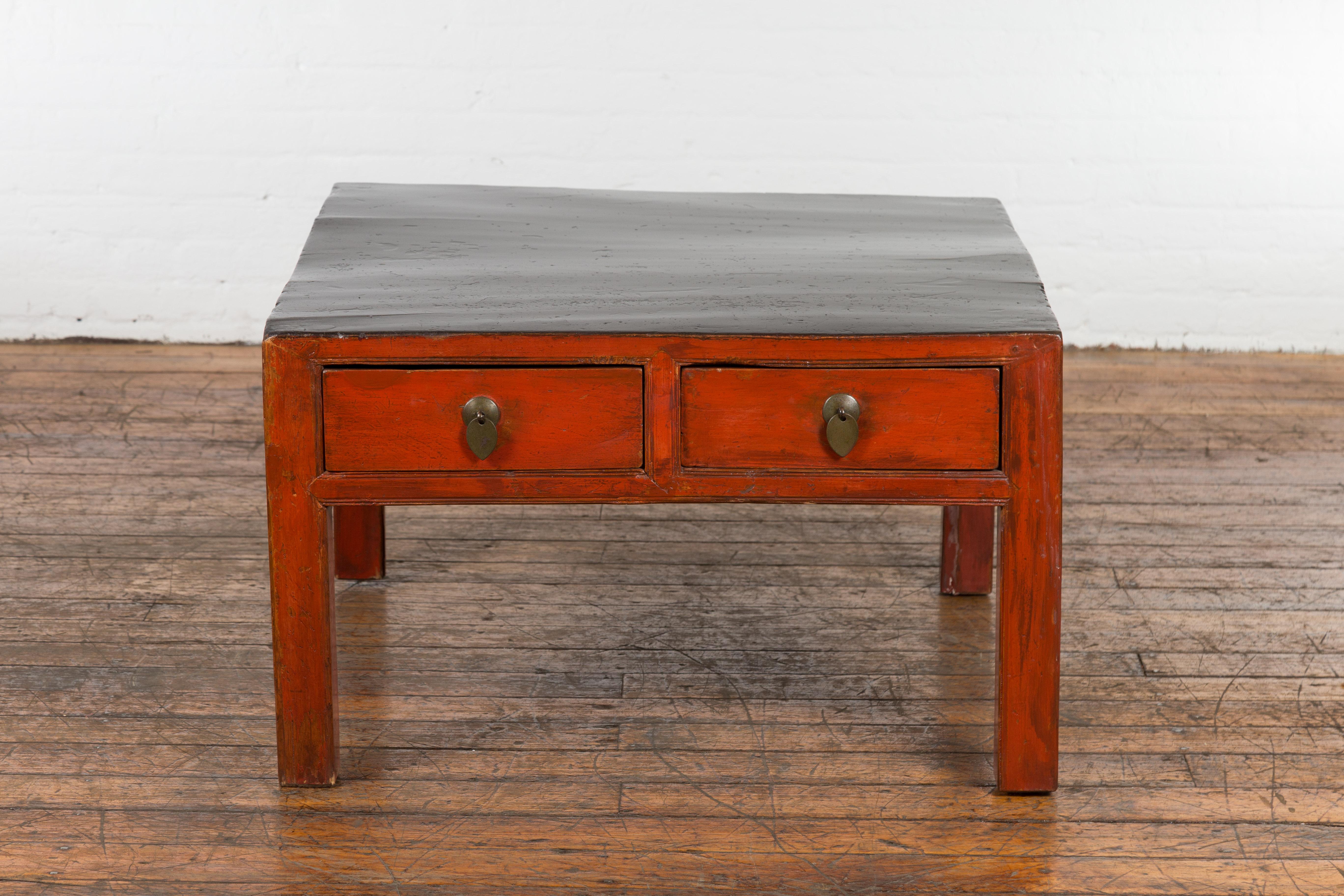 Lacquered Red and Black Antique Coffee Table with Two Drawers For Sale