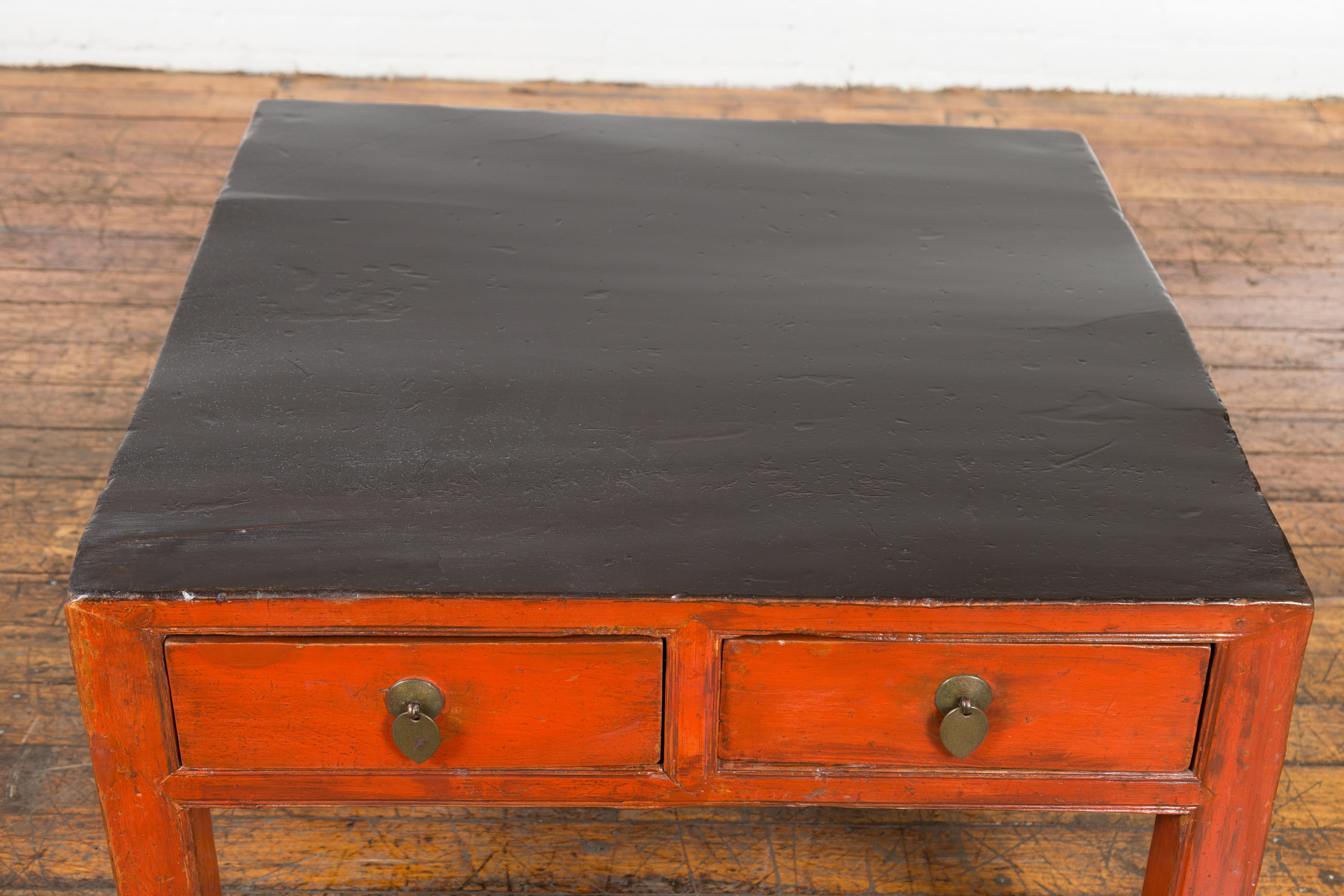 Red and Black Antique Coffee Table with Two Drawers In Good Condition For Sale In Yonkers, NY