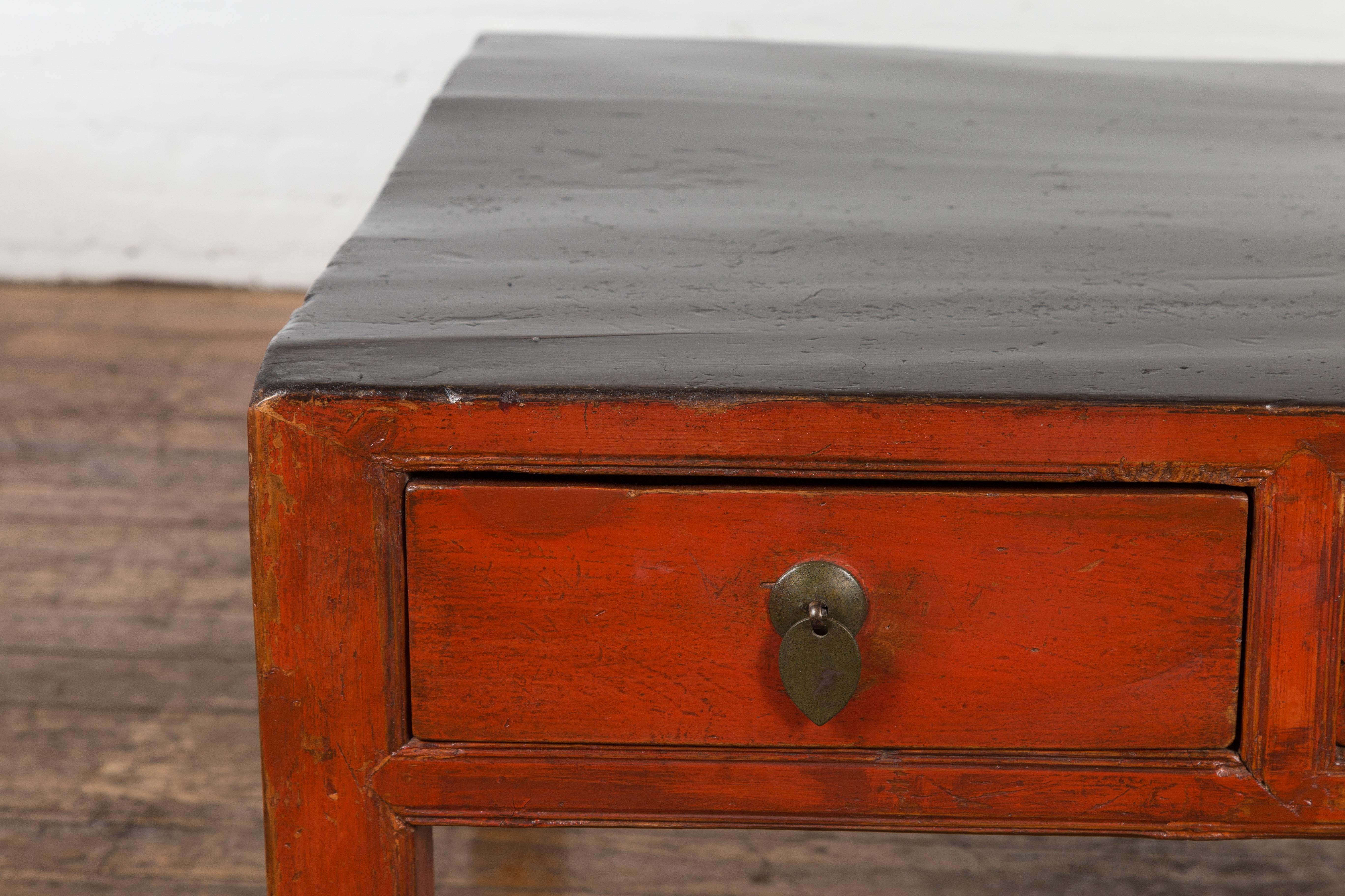 19th Century Red and Black Antique Coffee Table with Two Drawers For Sale