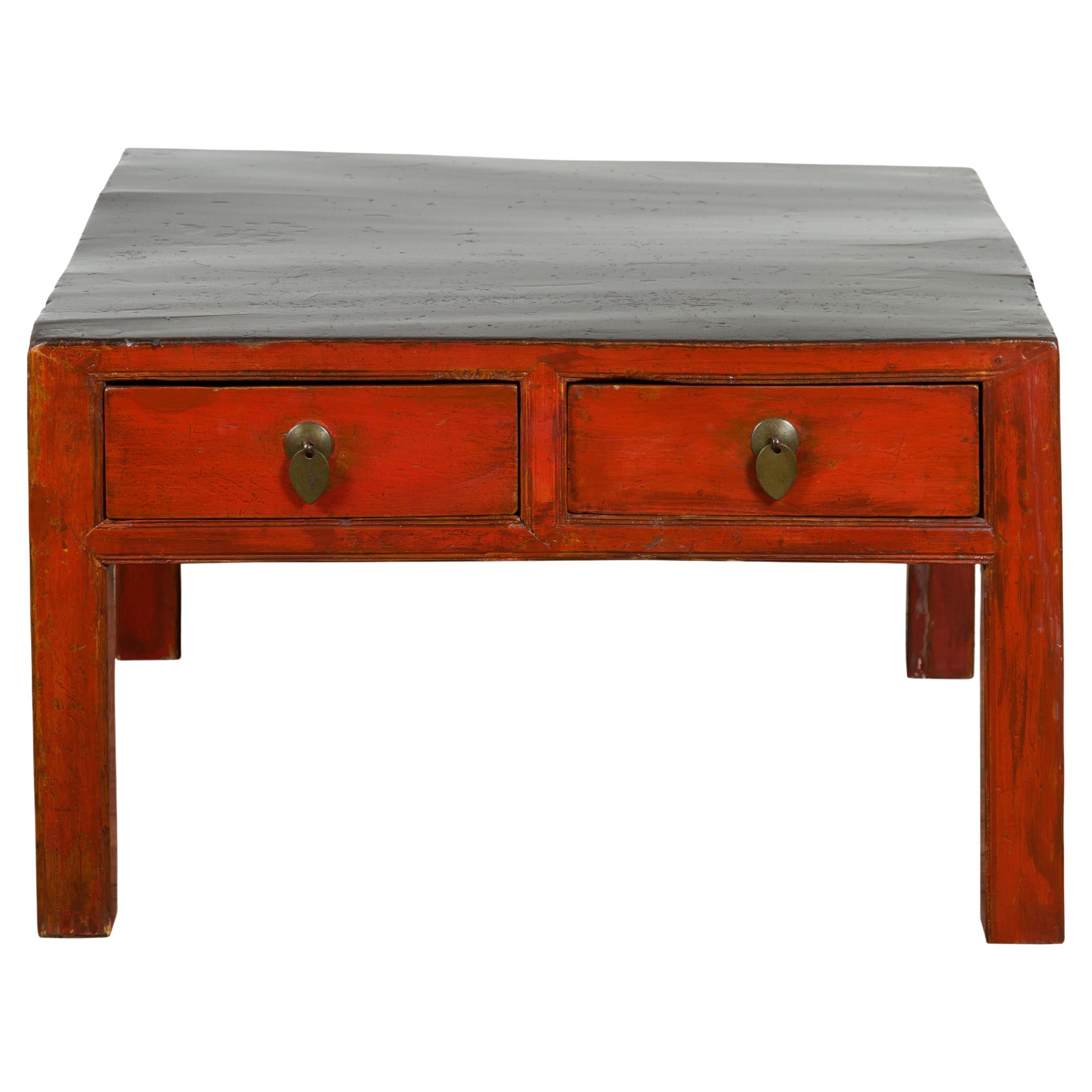 Red and Black Antique Coffee Table with Two Drawers For Sale