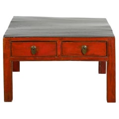 Red and Black Antique Coffee Table with Two Drawers