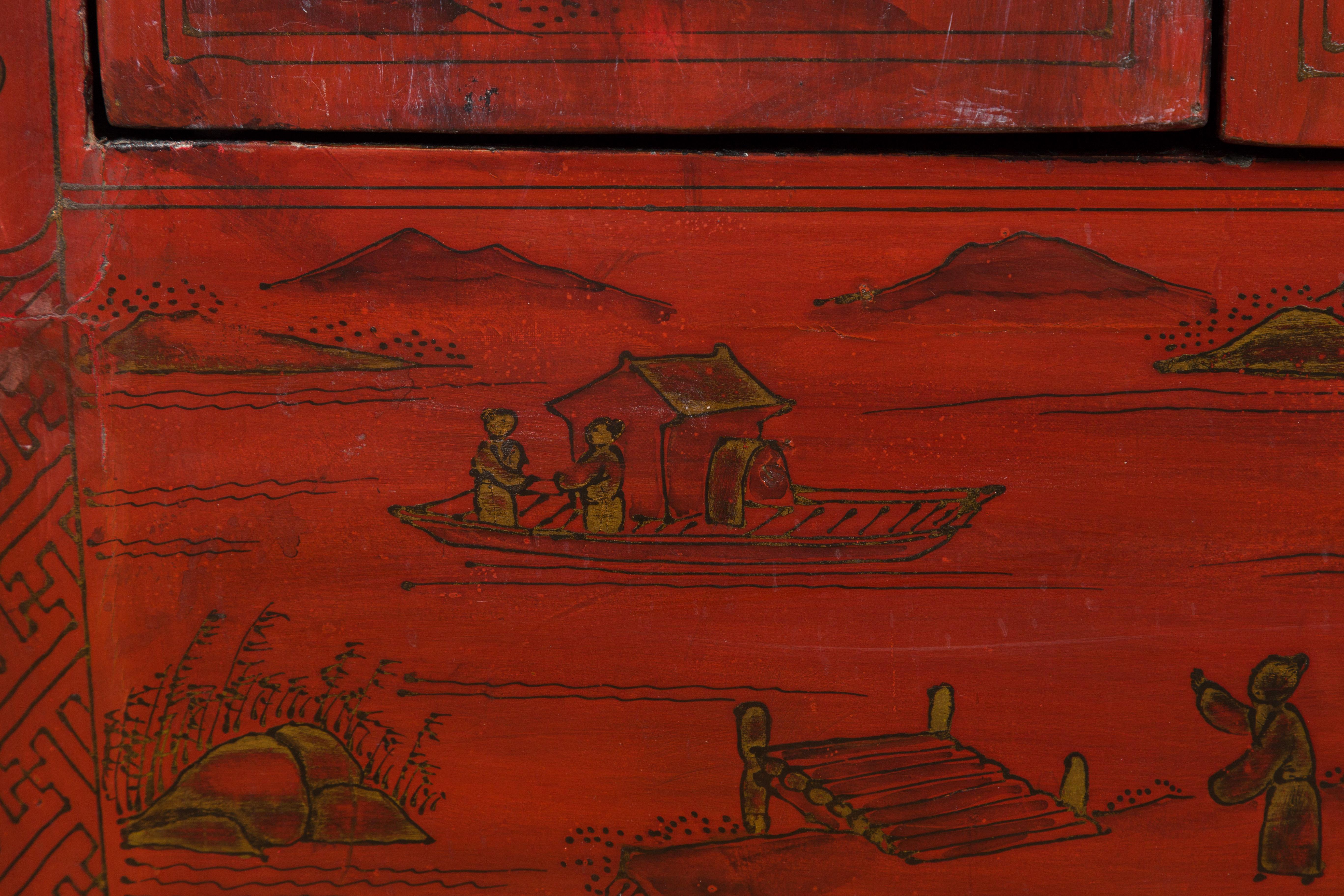 Chinese Qing Dynasty Period Red Lacquer Bedside Cabinet with Hand-Painted Décor For Sale 4