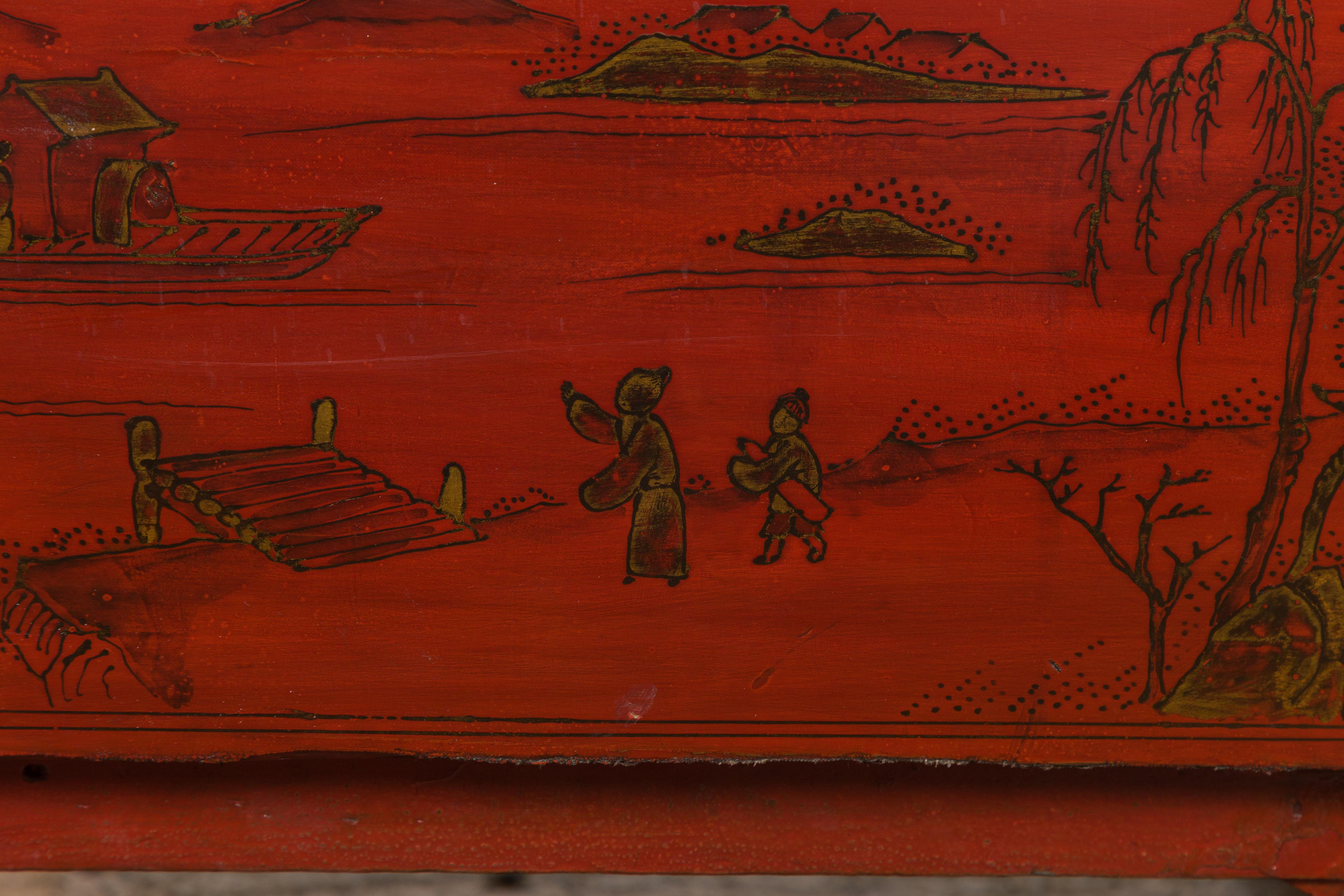 Chinese Qing Dynasty Period Red Lacquer Bedside Cabinet with Hand-Painted Décor For Sale 5
