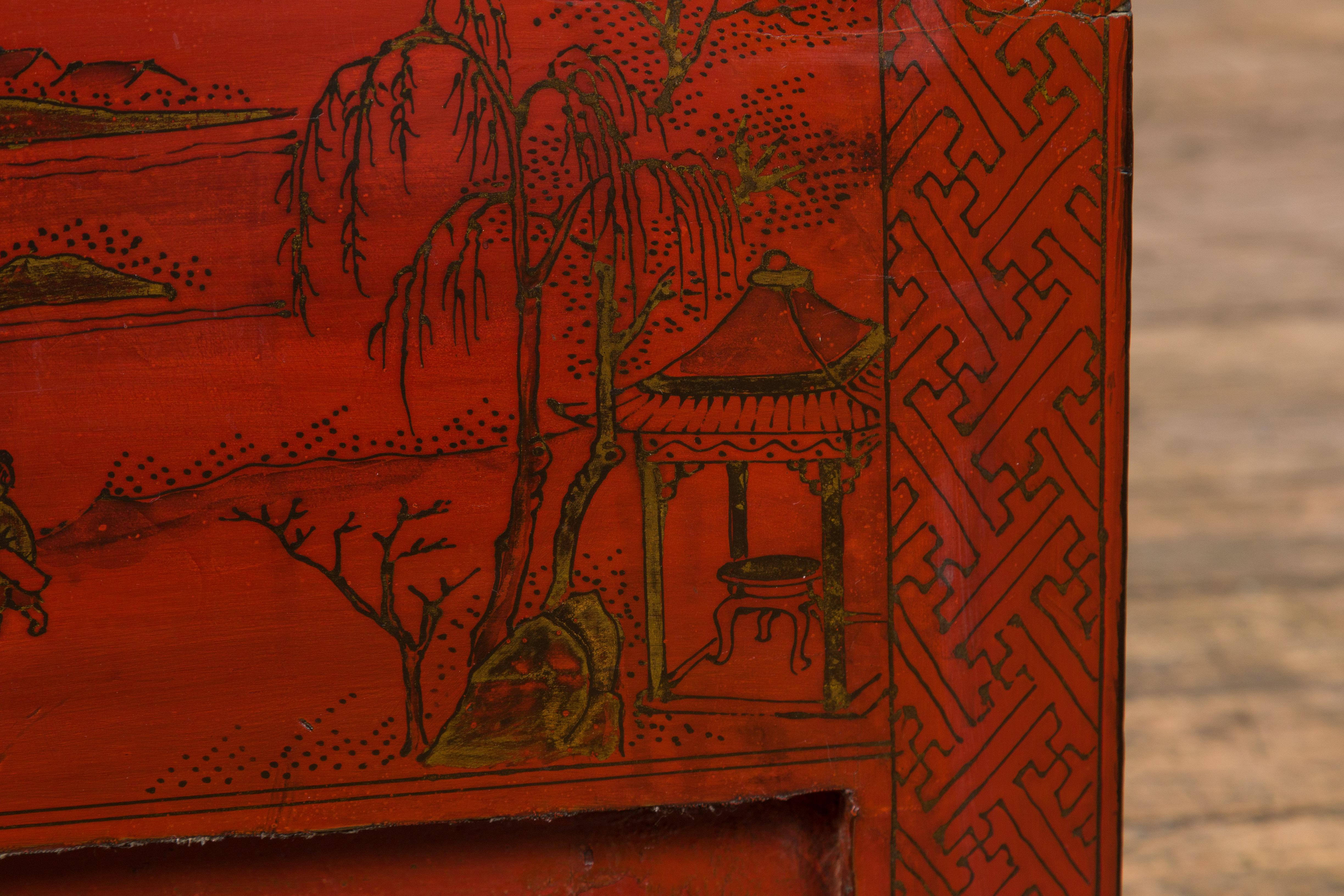 Chinese Qing Dynasty Period Red Lacquer Bedside Cabinet with Hand-Painted Décor For Sale 6