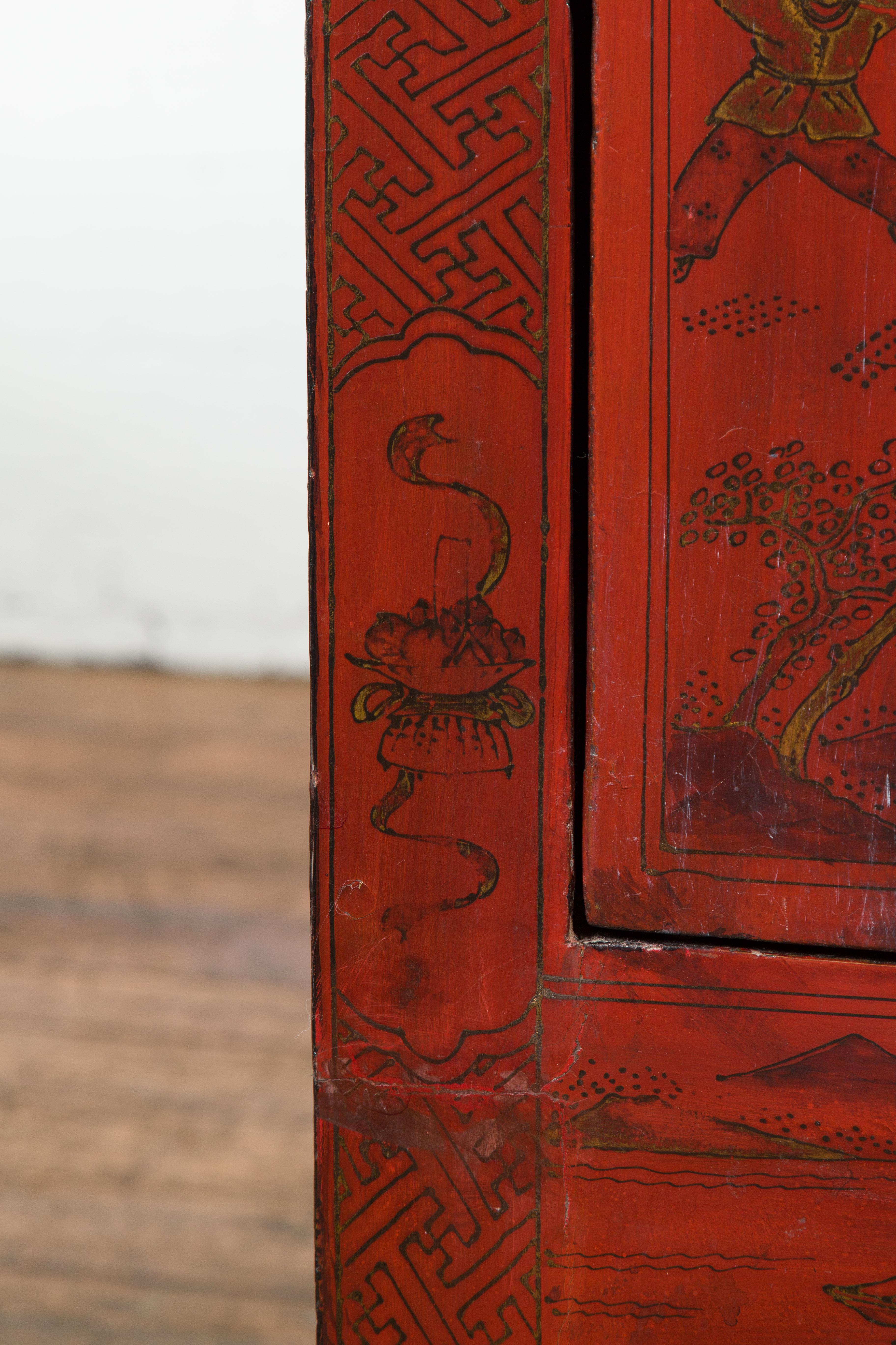 Chinese Qing Dynasty Period Red Lacquer Bedside Cabinet with Hand-Painted Décor For Sale 7