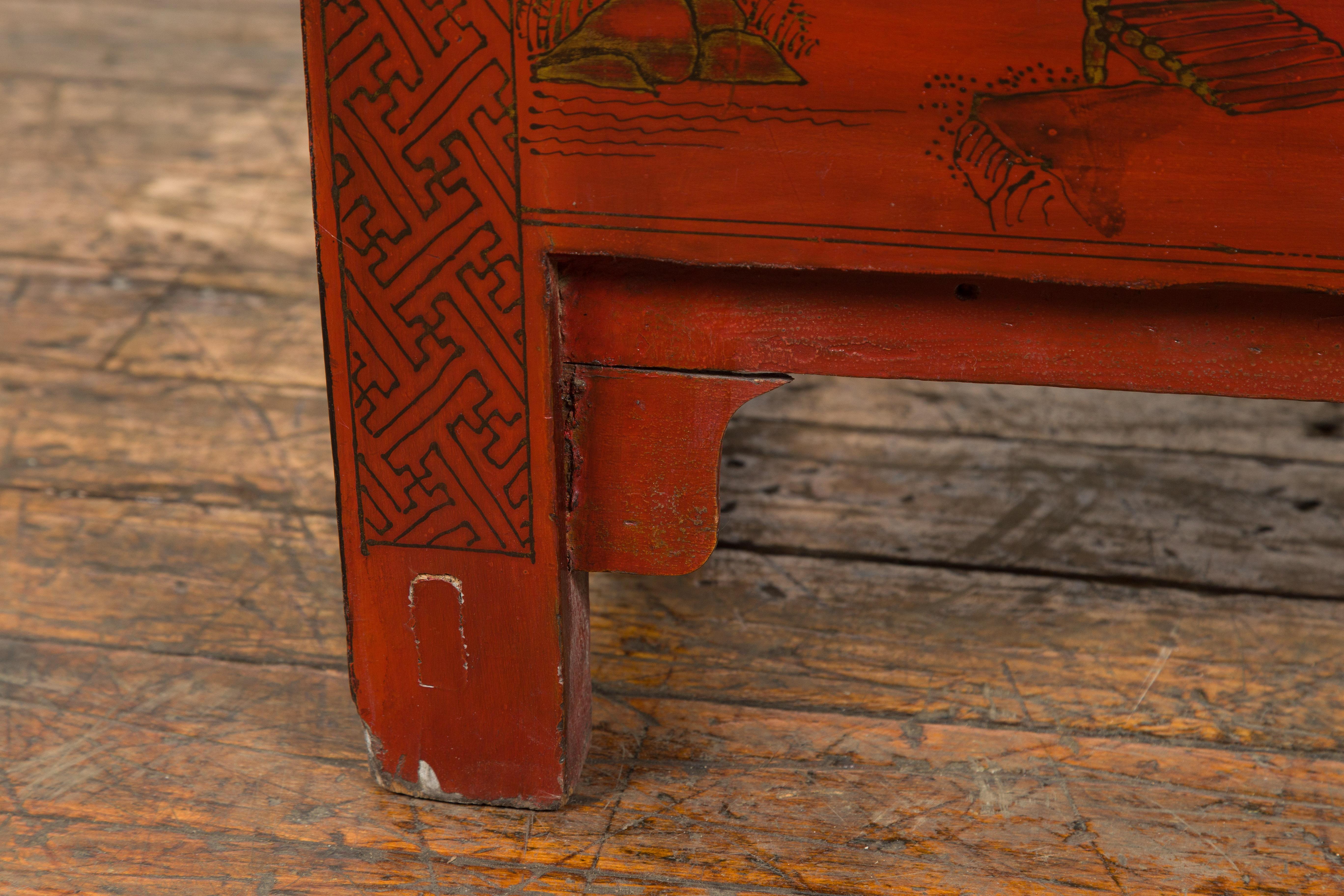 Chinese Qing Dynasty Period Red Lacquer Bedside Cabinet with Hand-Painted Décor For Sale 8