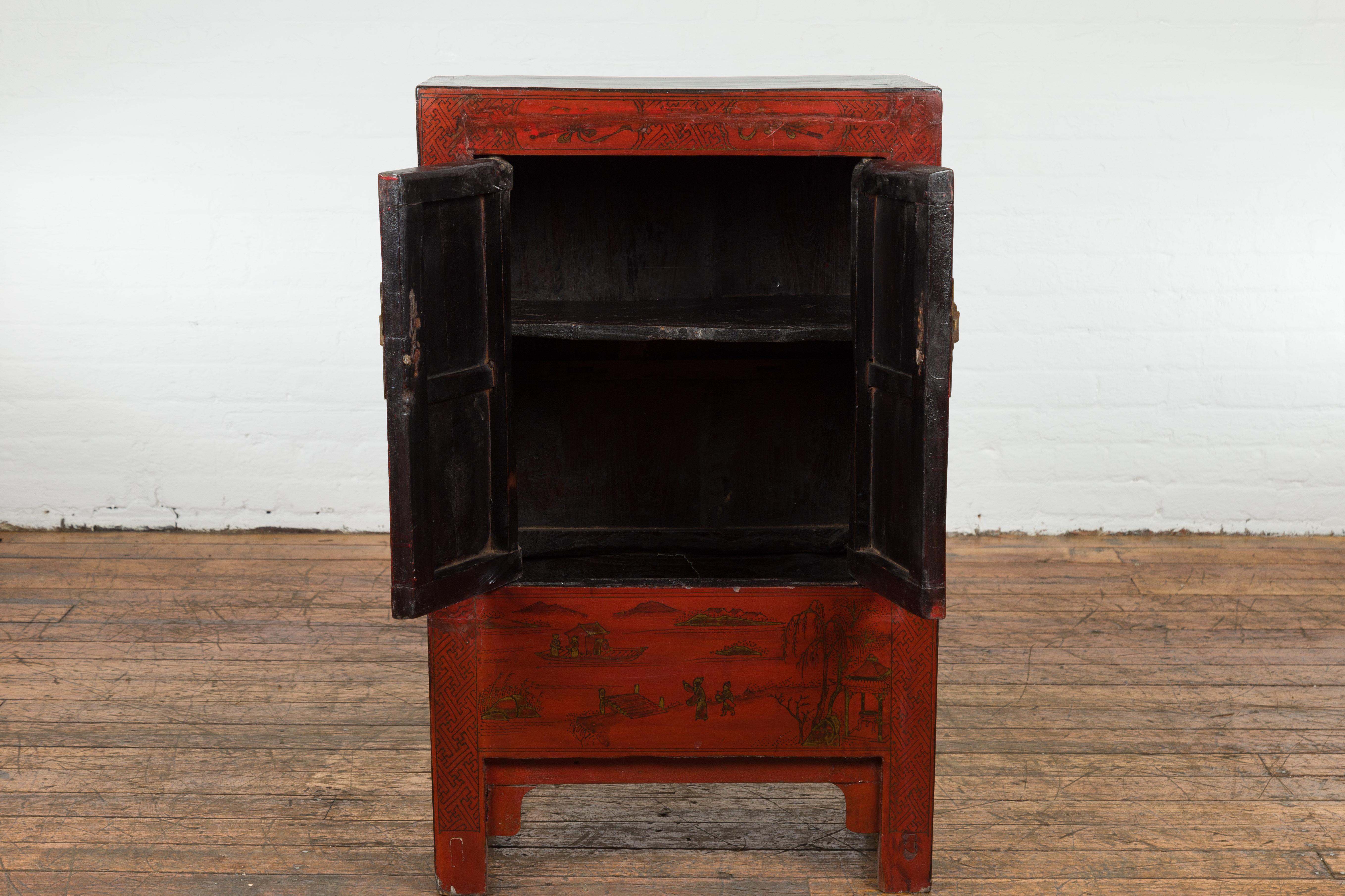 Chinese Qing Dynasty Period Red Lacquer Bedside Cabinet with Hand-Painted Décor For Sale 9