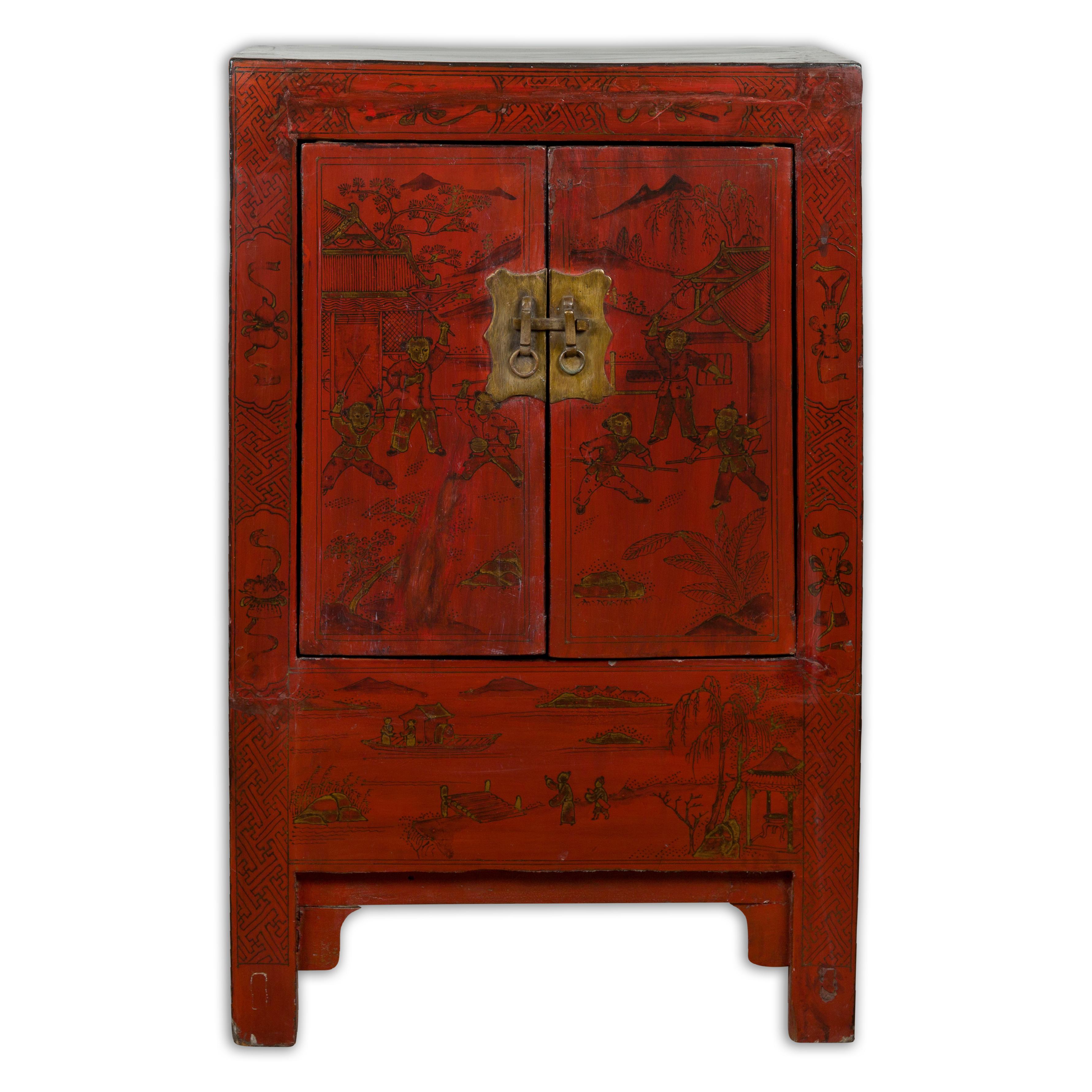 Chinese Qing Dynasty Period Red Lacquer Bedside Cabinet with Hand-Painted Décor For Sale 14