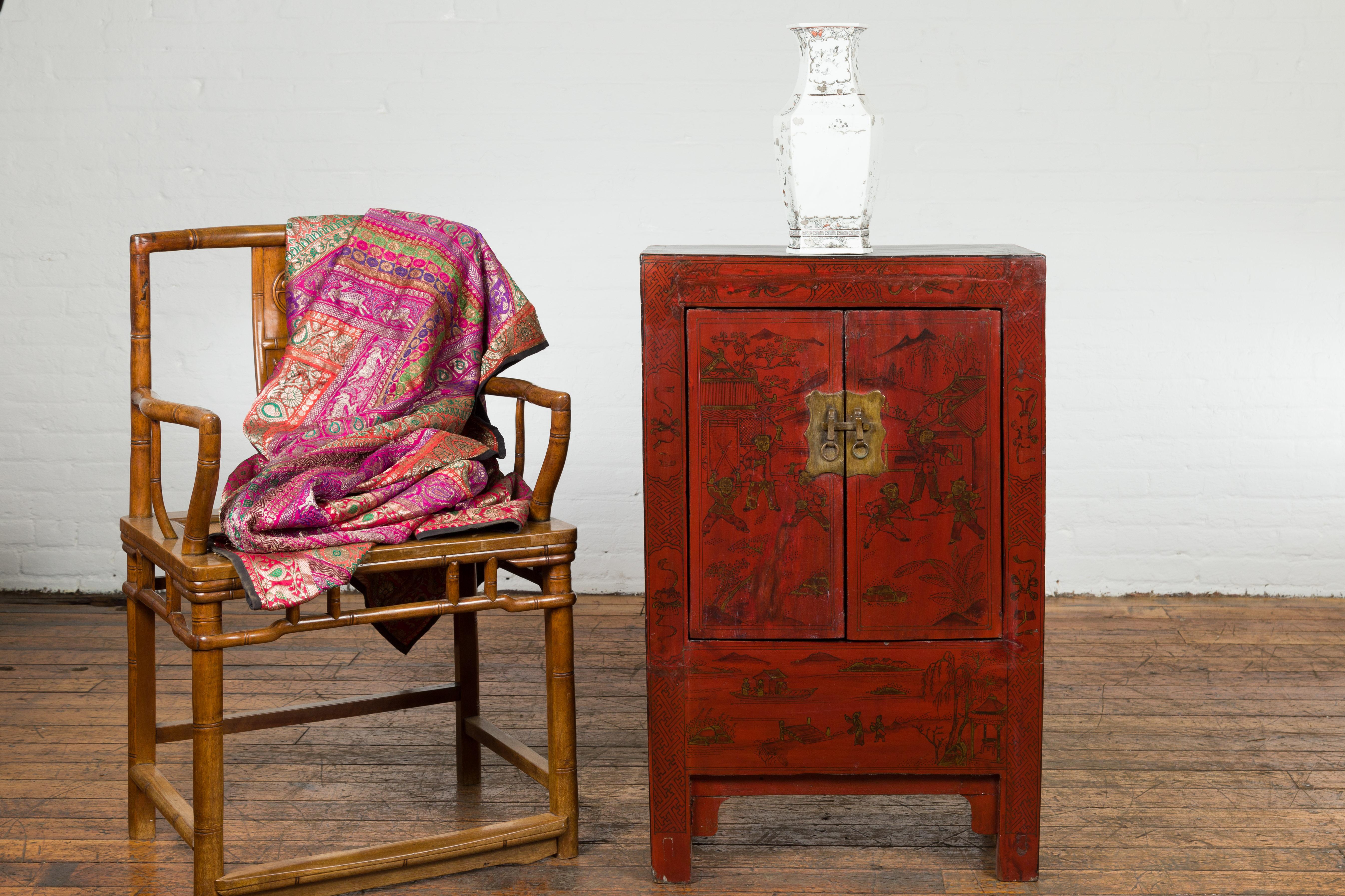 Lacquered Chinese Qing Dynasty Period Red Lacquer Bedside Cabinet with Hand-Painted Décor For Sale