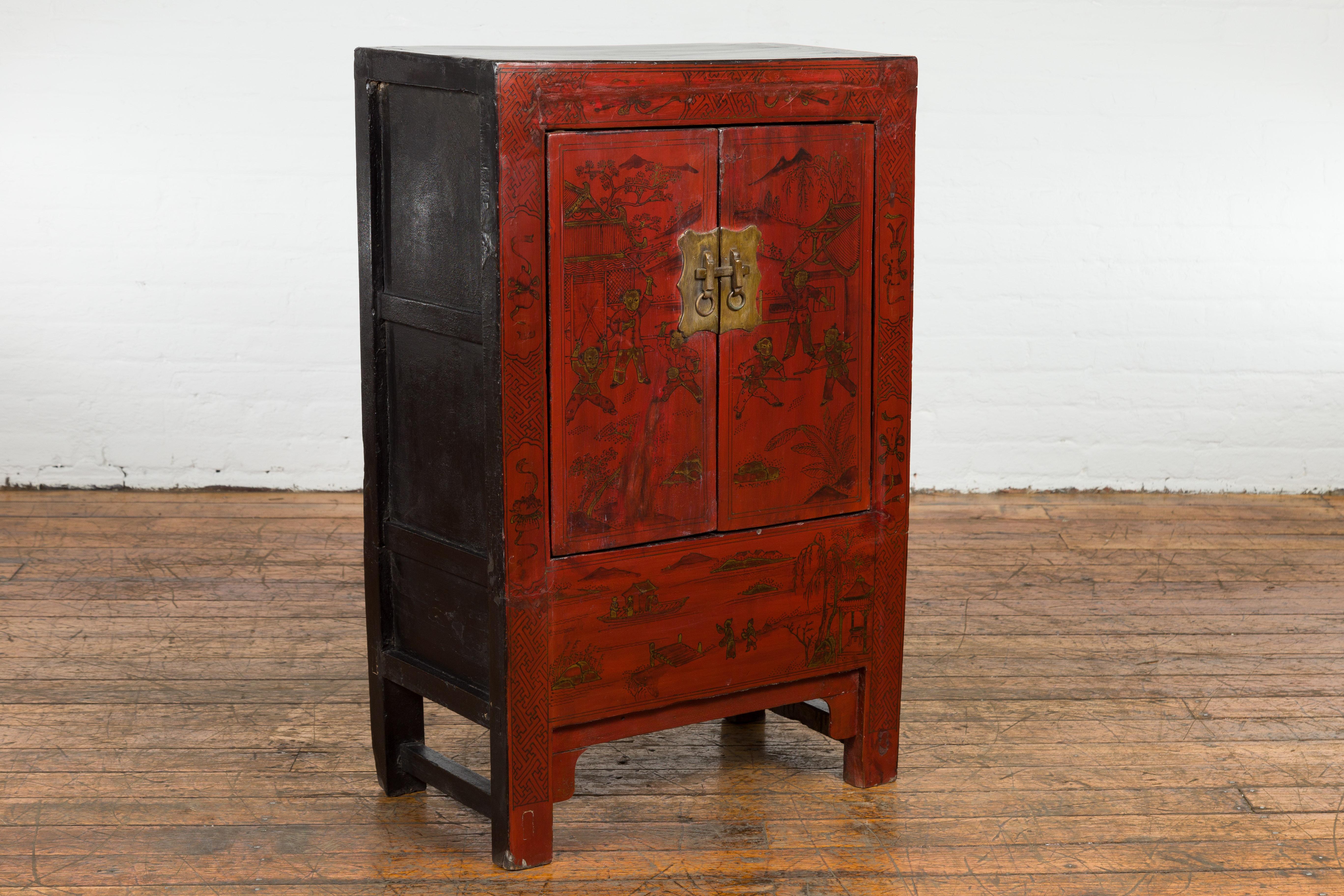 Chinese Qing Dynasty Period Red Lacquer Bedside Cabinet with Hand-Painted Décor In Good Condition For Sale In Yonkers, NY