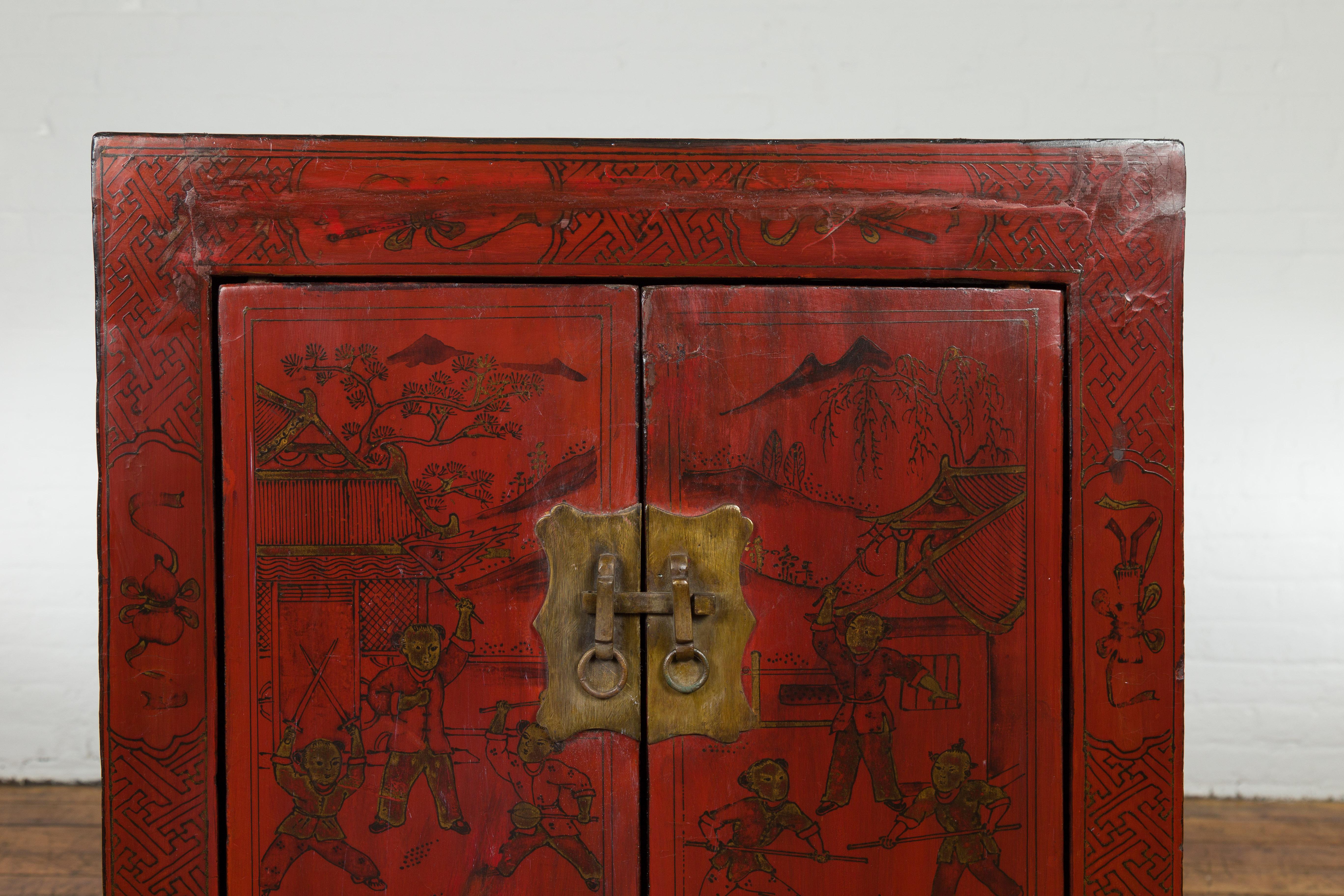 19th Century Chinese Qing Dynasty Period Red Lacquer Bedside Cabinet with Hand-Painted Décor For Sale