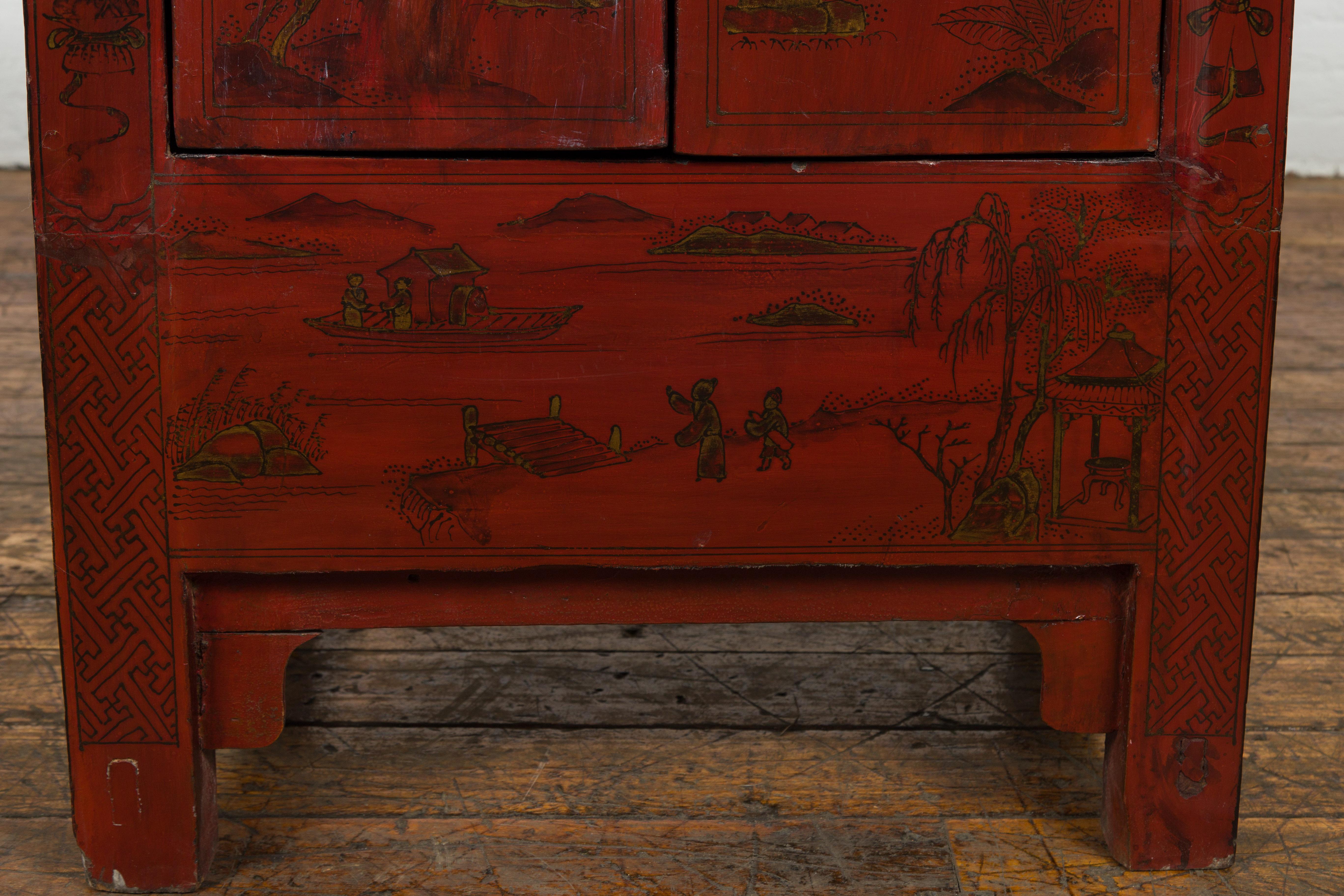 Chinese Qing Dynasty Period Red Lacquer Bedside Cabinet with Hand-Painted Décor For Sale 1