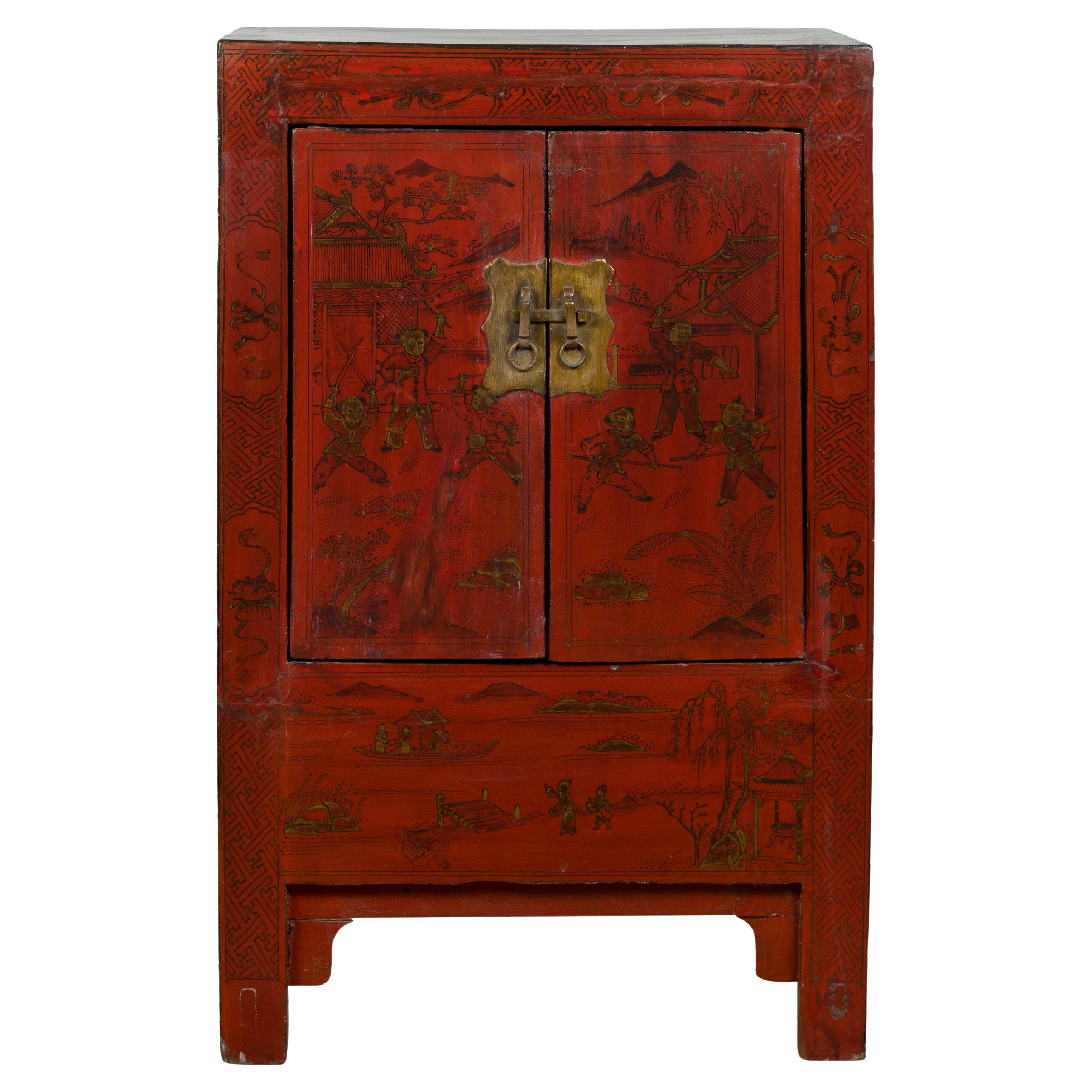 Chinese Qing Dynasty Period Red Lacquer Bedside Cabinet with Hand-Painted Décor