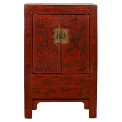 Chinese Qing Dynasty Period Red Lacquer Bedside Cabinet with Hand-Painted Décor