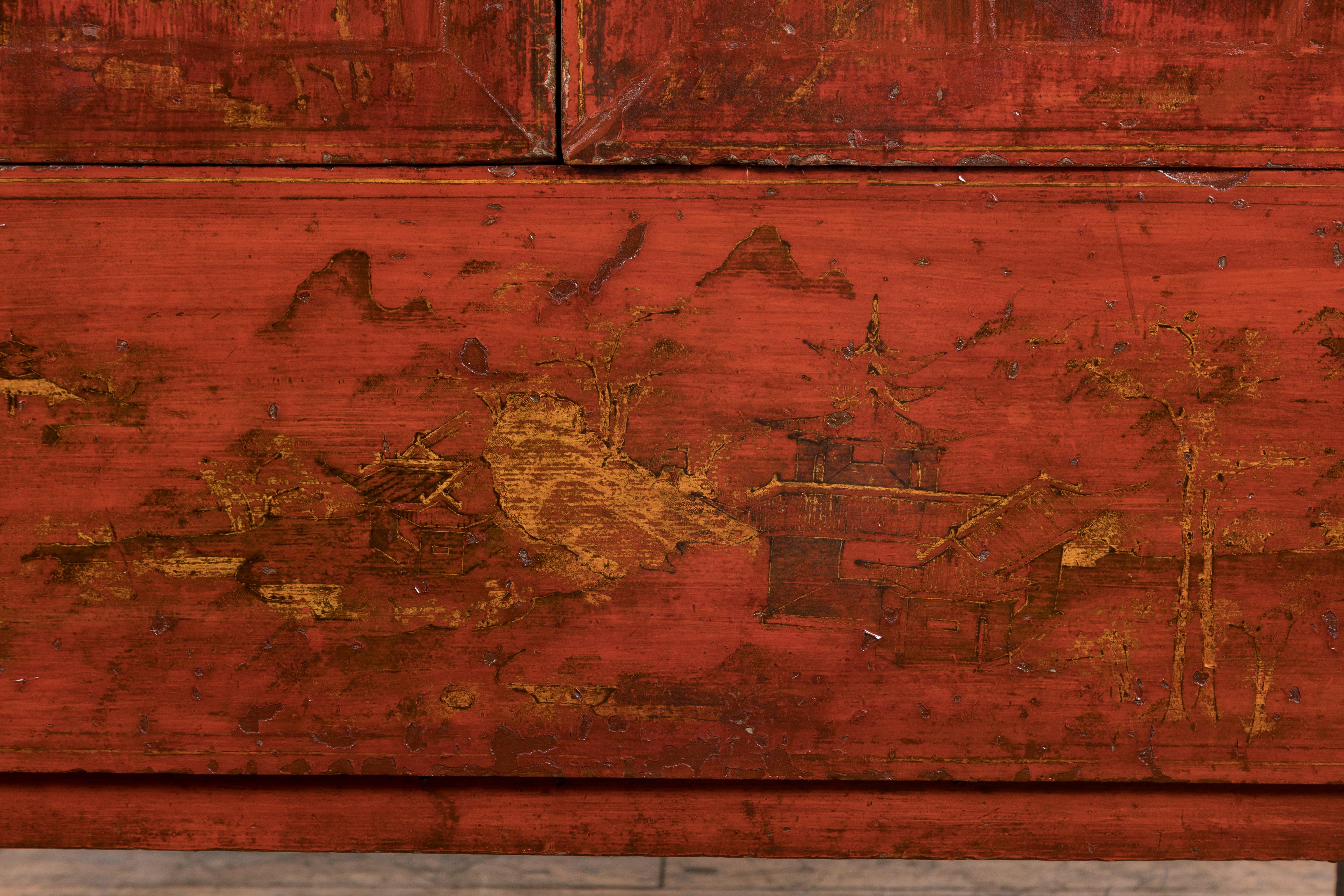 Large Red Antique Cabinet with Gold Painted Scenes 4
