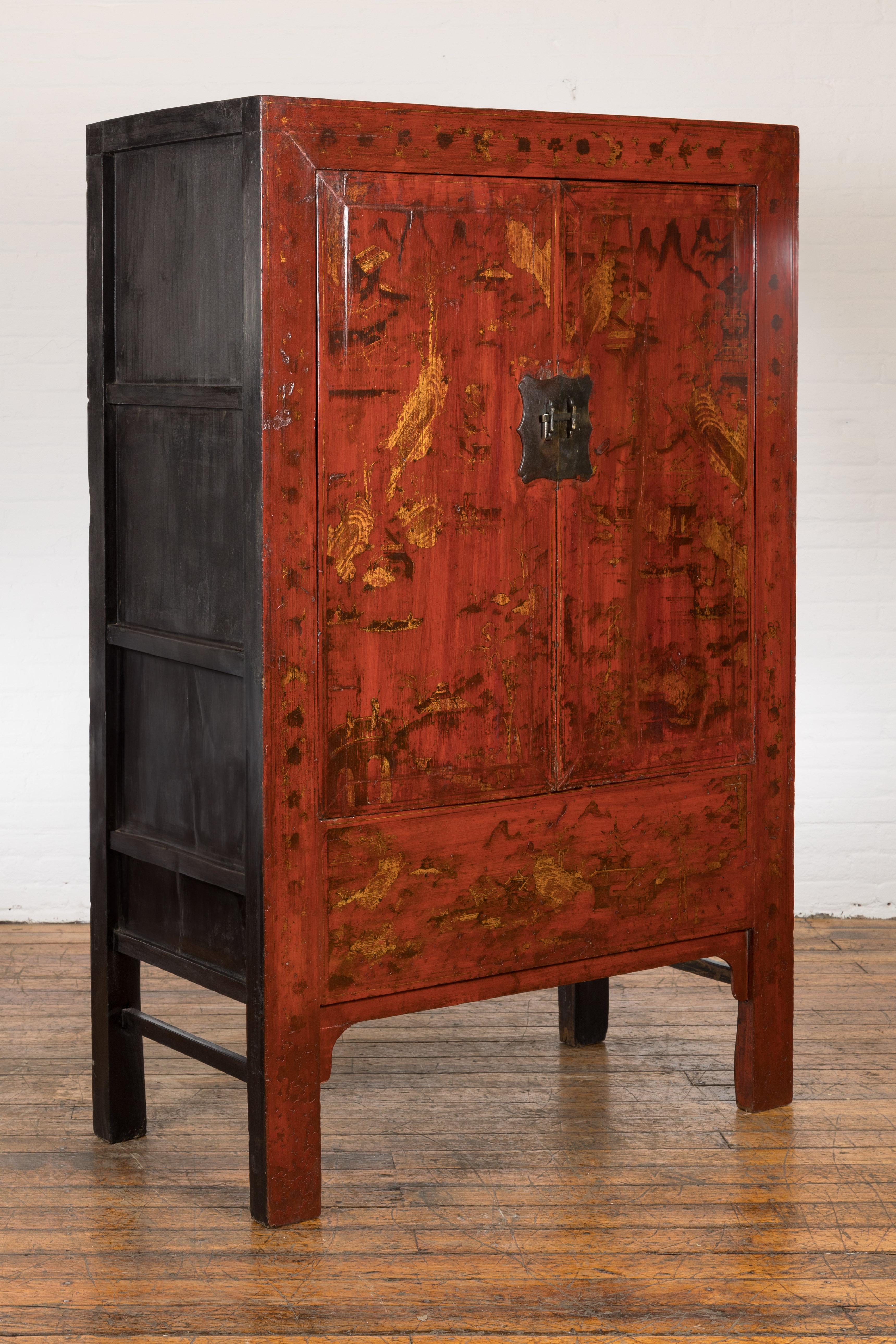 Large Red Antique Cabinet with Gold Painted Scenes 7
