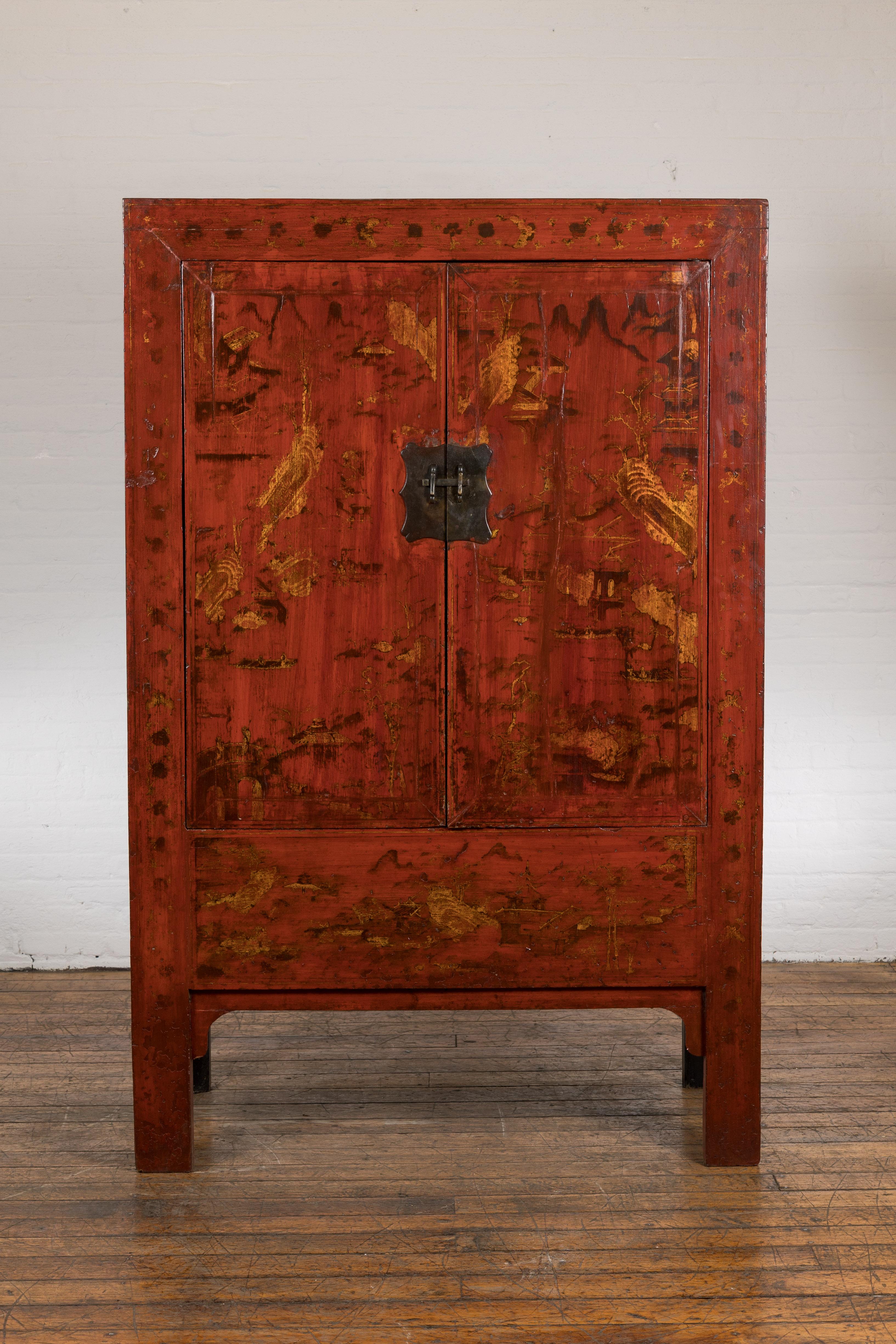 Qing Large Red Antique Cabinet with Gold Painted Scenes