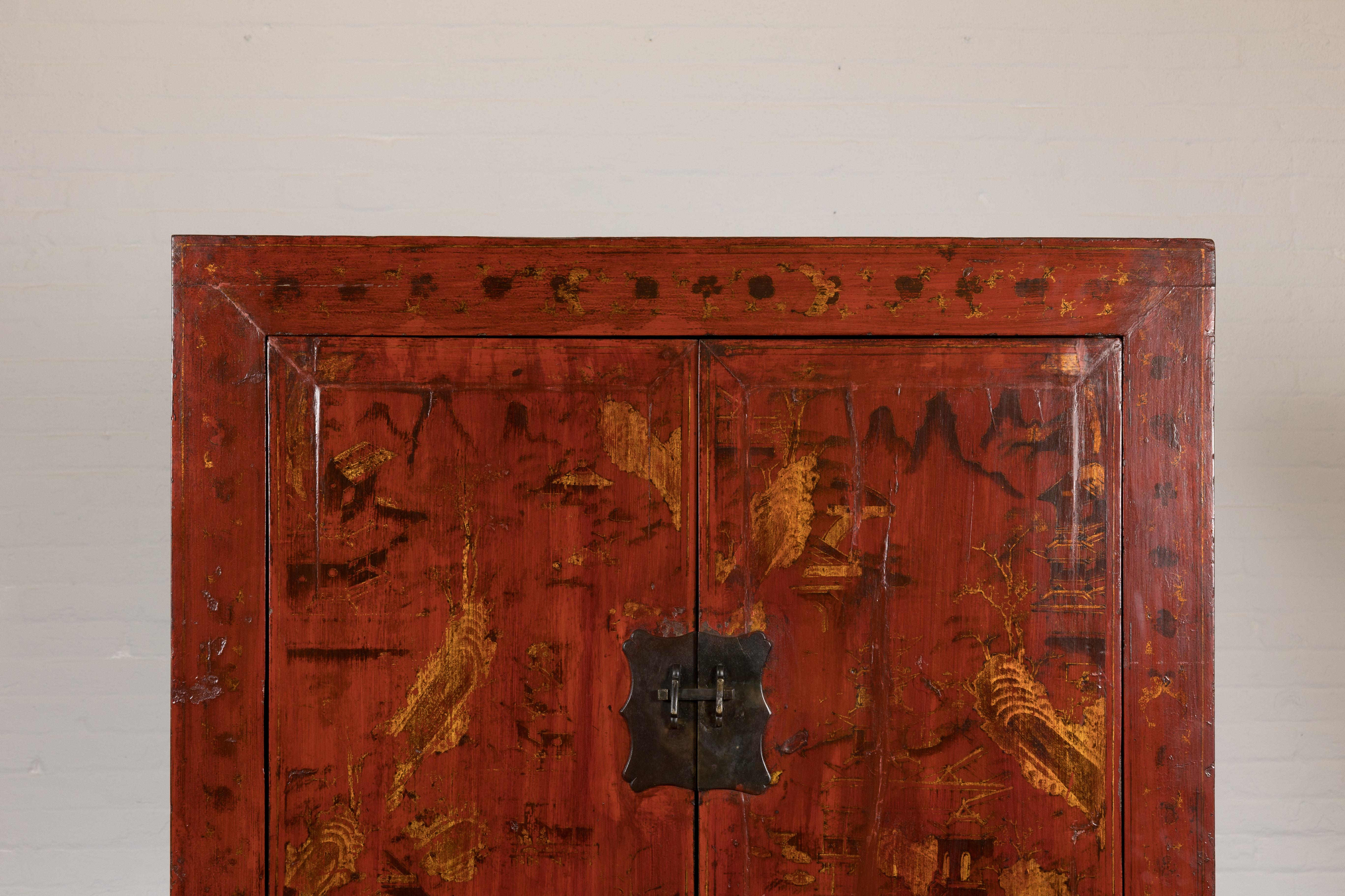Lacquered Large Red Antique Cabinet with Gold Painted Scenes