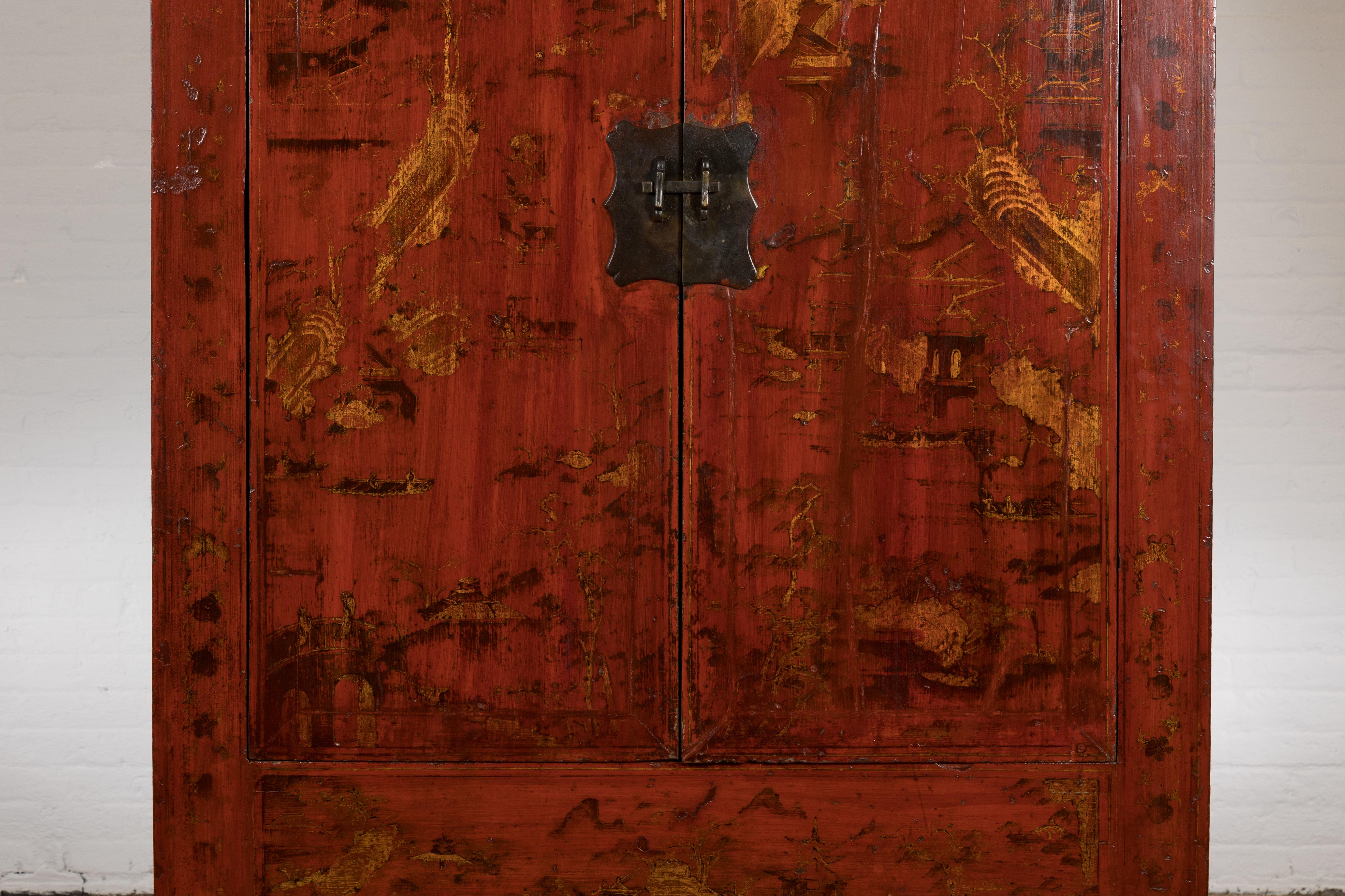 19th Century Large Red Antique Cabinet with Gold Painted Scenes
