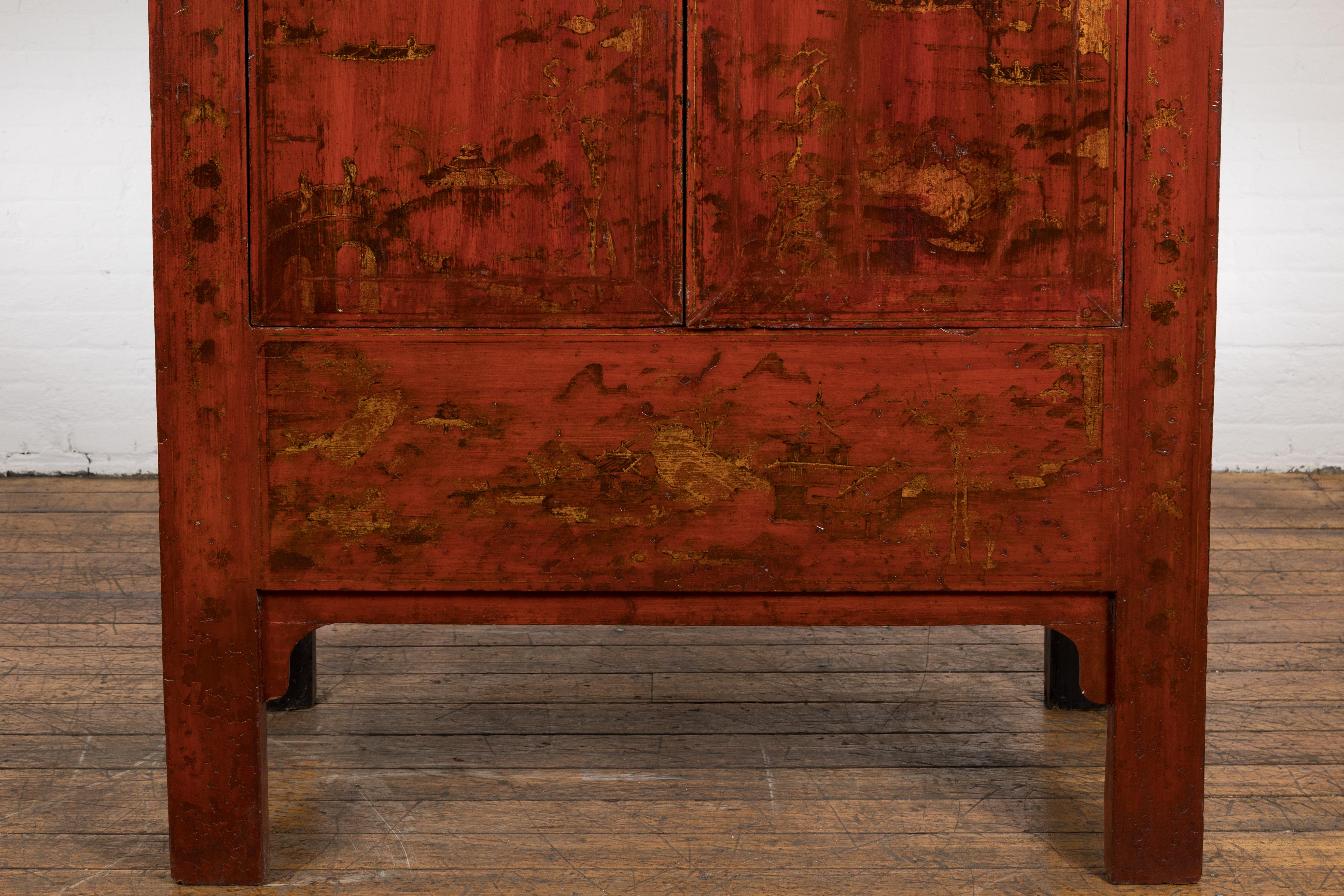 Bronze Large Red Antique Cabinet with Gold Painted Scenes