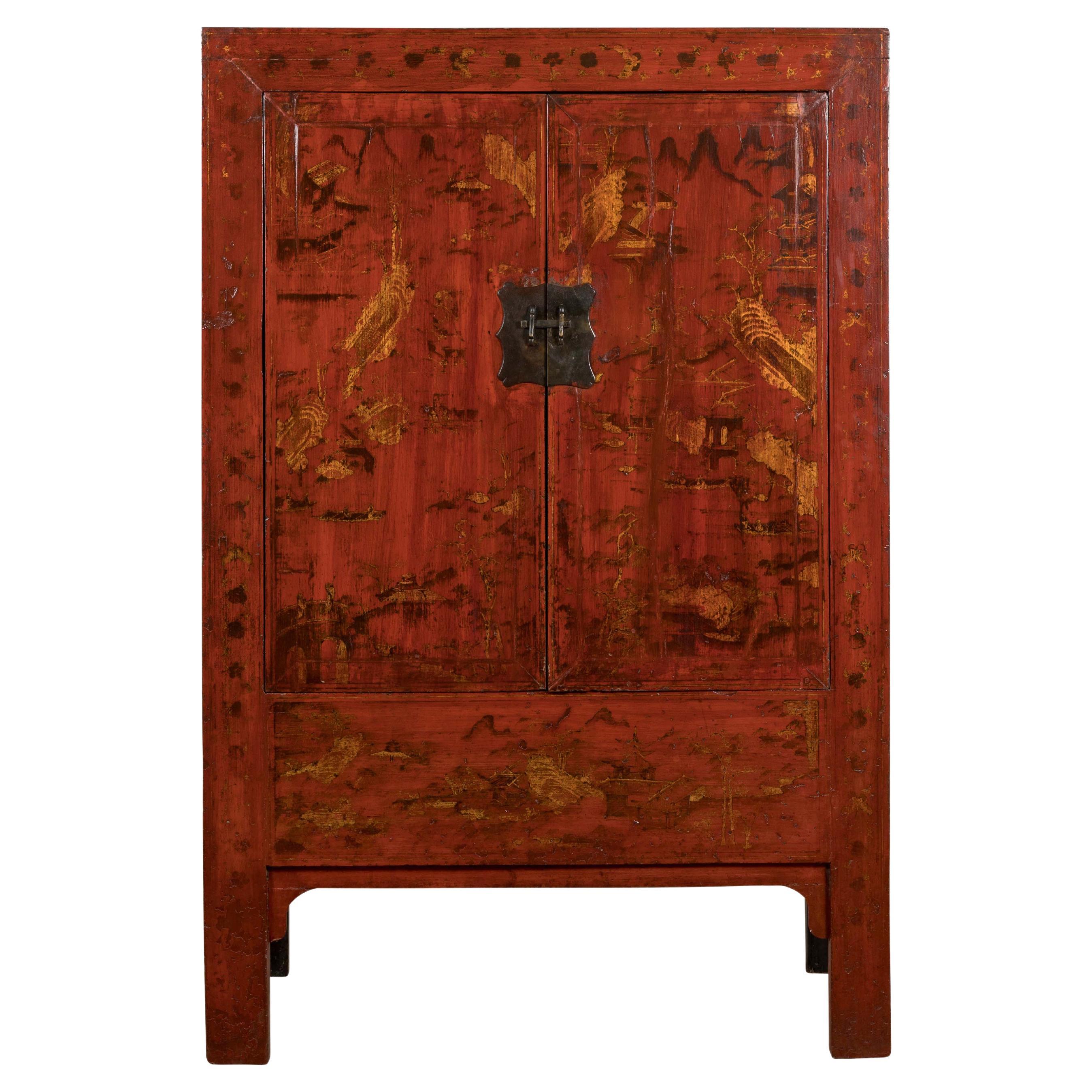 Large Red Antique Cabinet with Gold Painted Scenes