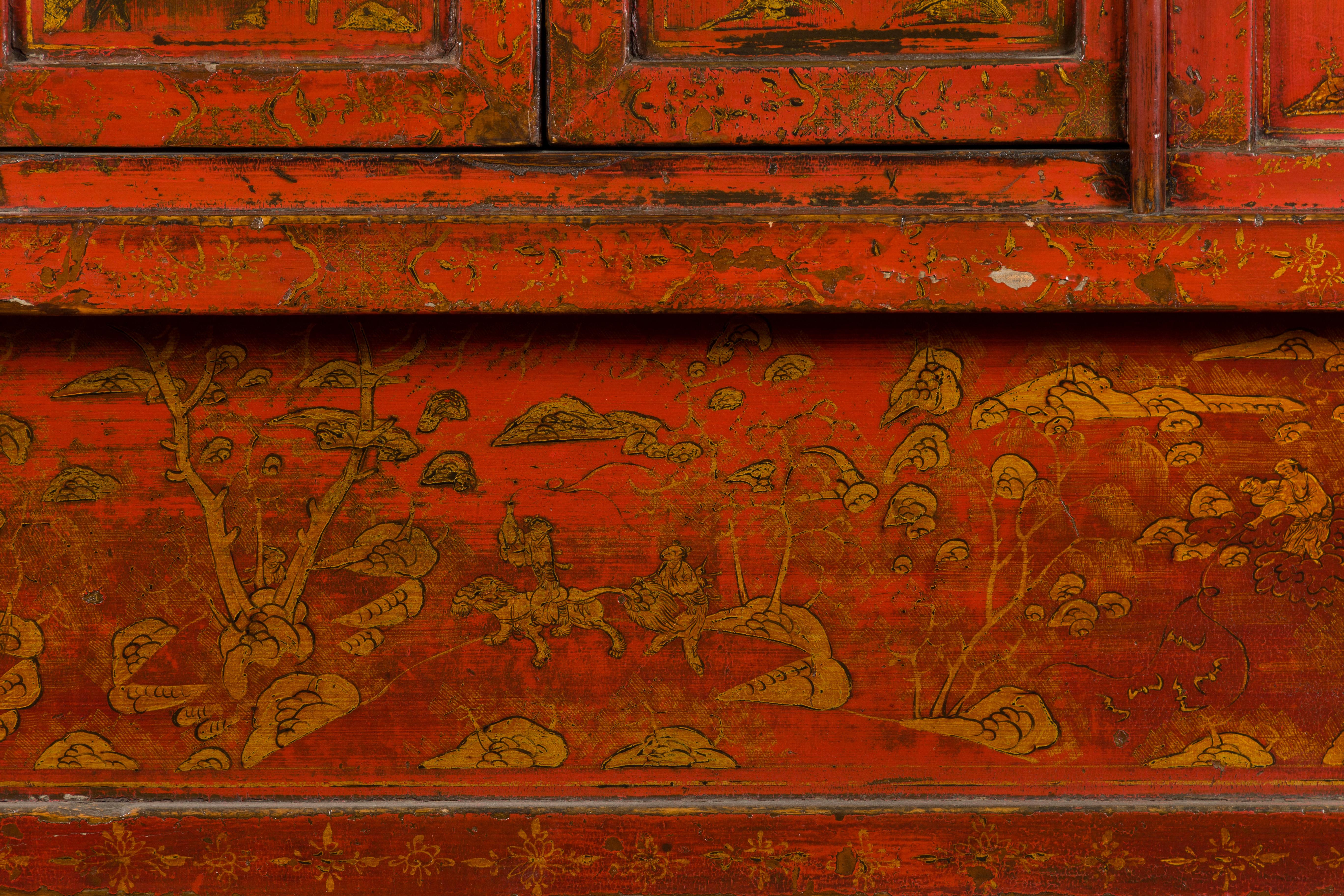 Chinese Qing Dynasty Period Red Lacquered Cabinet with Gilt Chinoiserie Décor For Sale 4